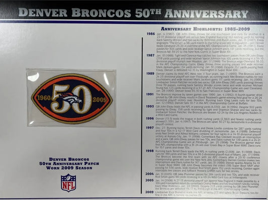 2009 Denver Broncos 50th Anniversary Willabee & Ward Patch With Stat Card