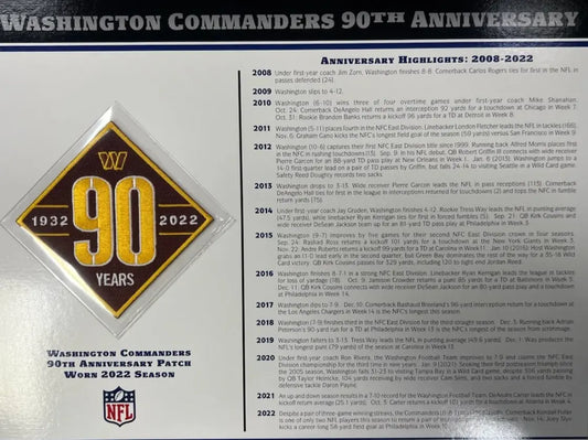 Écusson Willabee & Ward du 90e anniversaire des Washington Commanders 2022 avec carte de statistiques