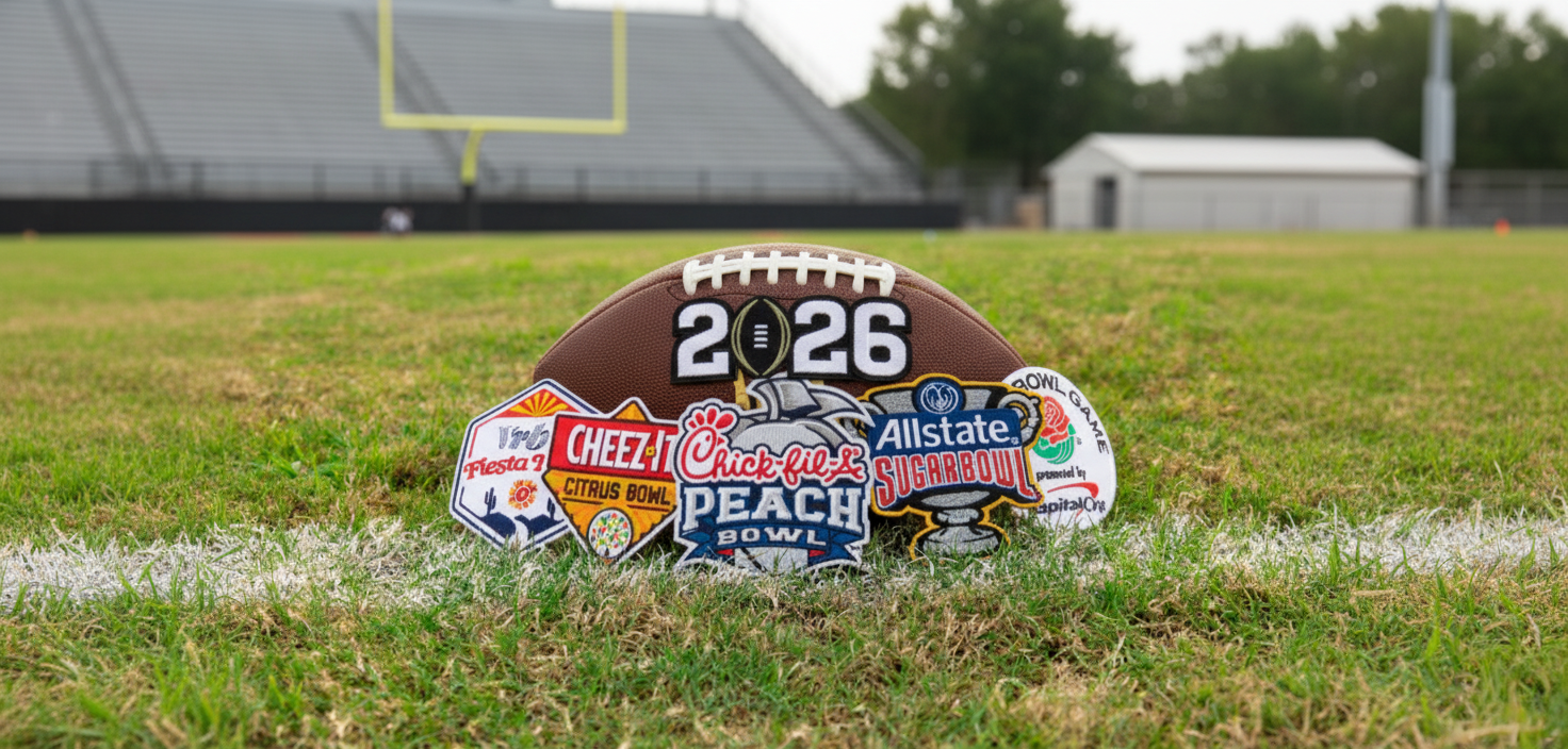 Decorative football sign on a grass field with stadium background