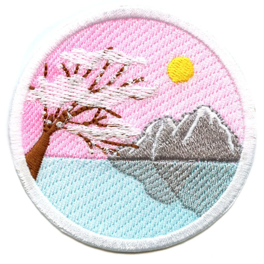Cherry Blossom Tree With Mountains Iron On Patch