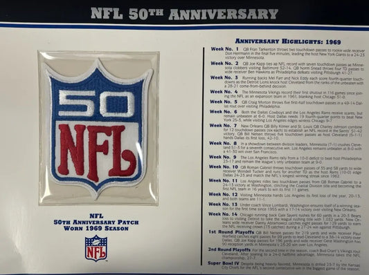 Écusson Willabee & Ward du 50e anniversaire de la NFL 1969 avec carte de statistiques