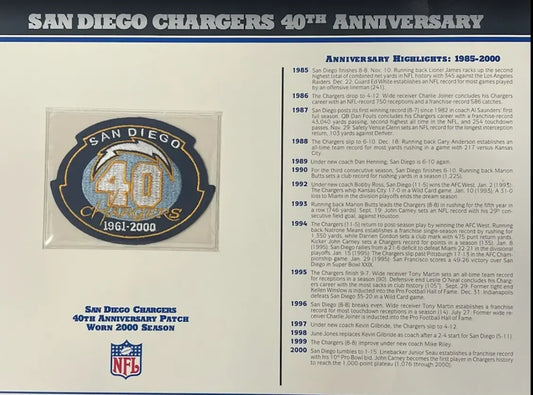 Écusson Willabee & Ward du 40e anniversaire des Chargers de San Diego 2000 avec carte de statistiques
