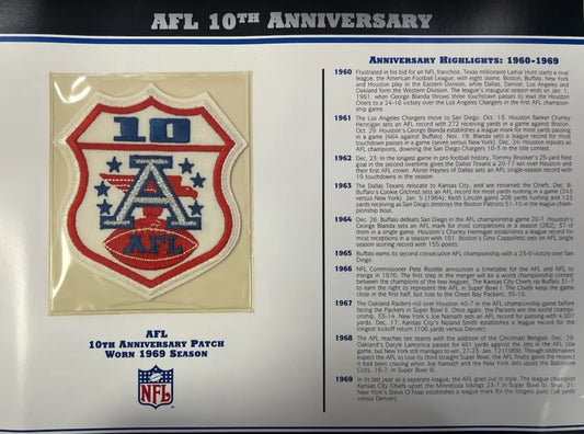 Patch Willabee & Ward du 10e anniversaire de l'AFL 1969 avec carte de statistiques