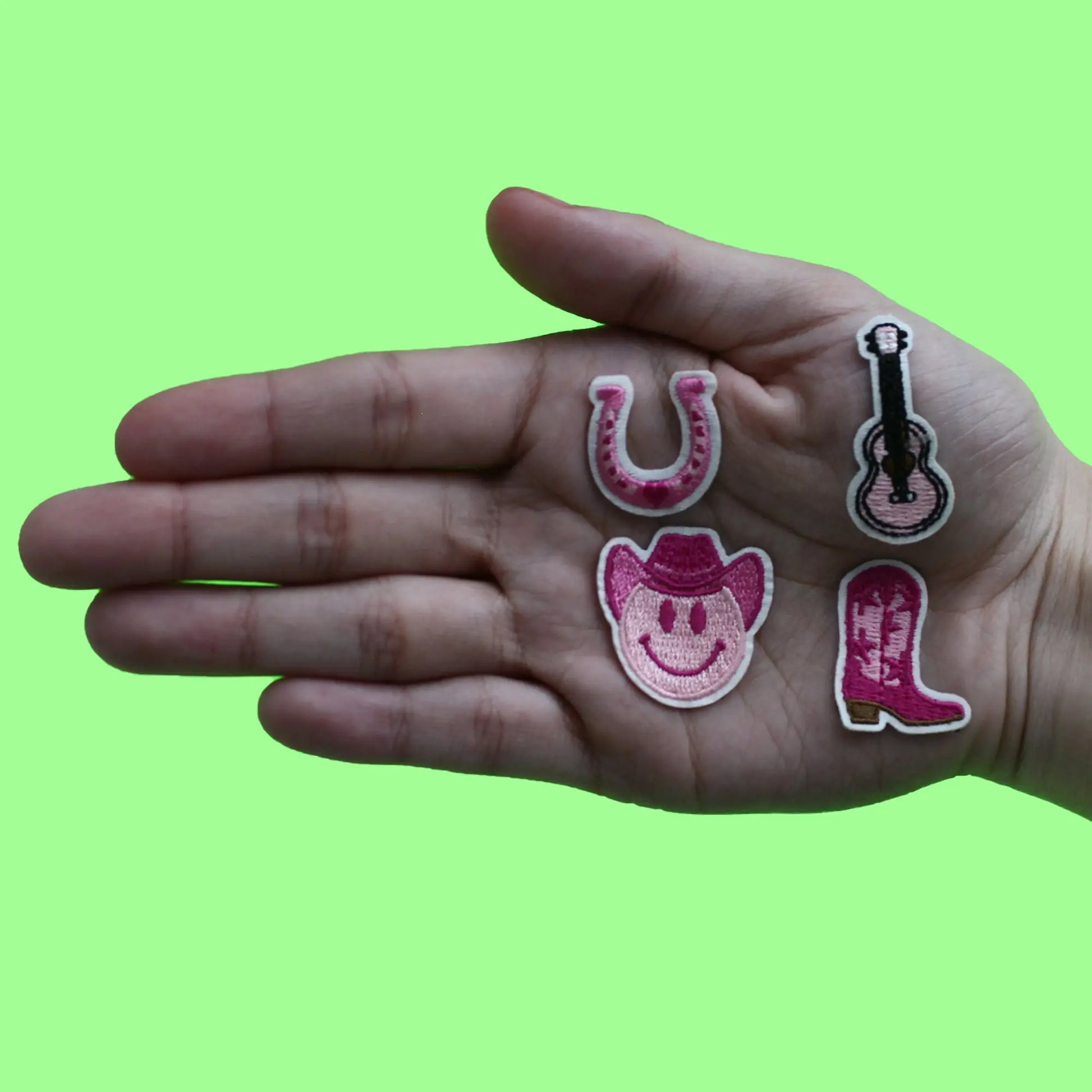 Pink Cowgirl 4 Pack Mini Set Patch Boots Guitar Smiley Embroidered Iron On