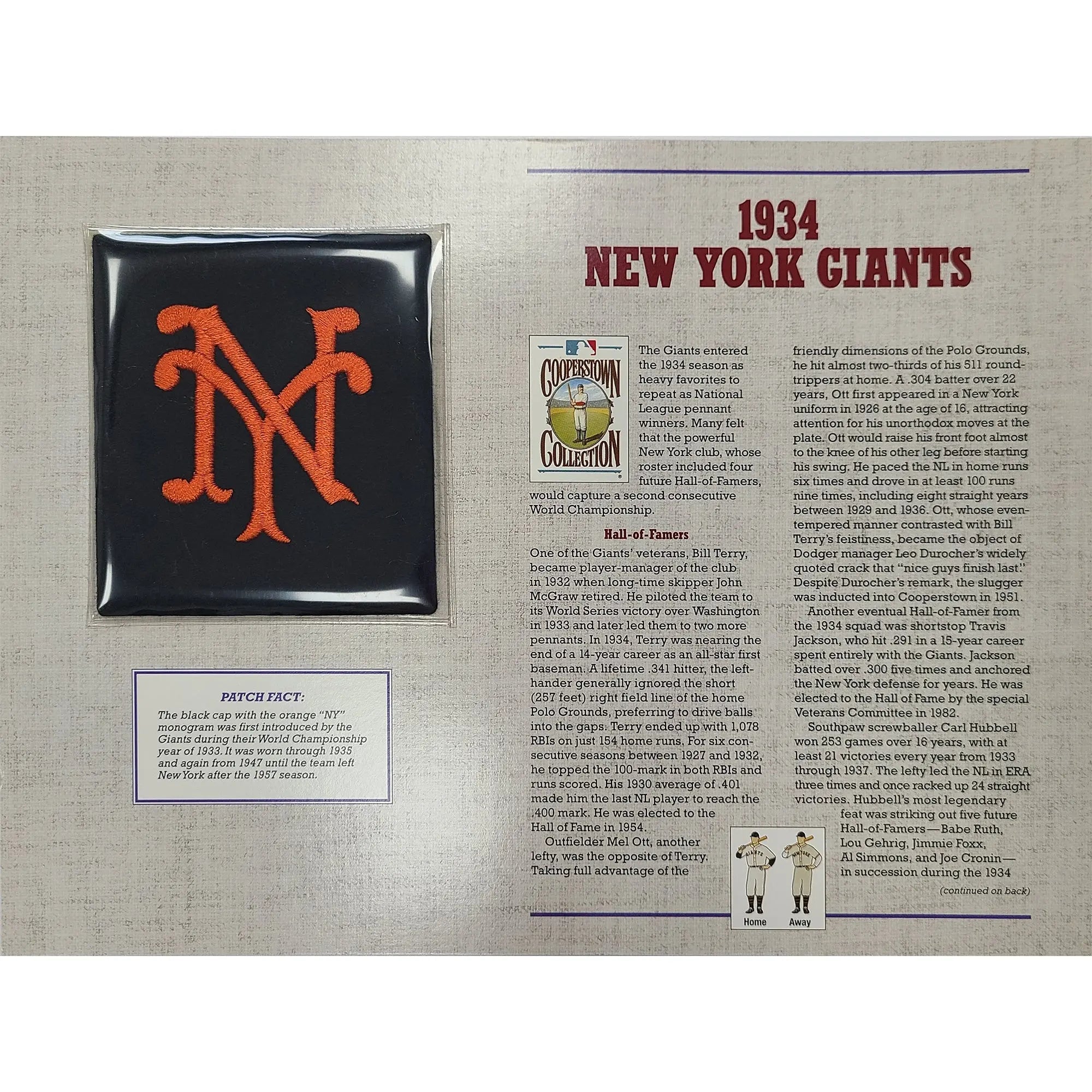1934 New York Giants Willabee & Ward Patch With Stat Card