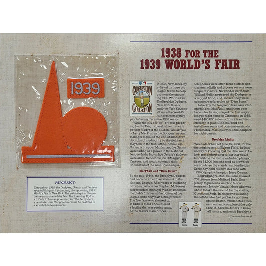 1938 For The 1939 World's Fair Willabee & Ward Patch With Stat Card