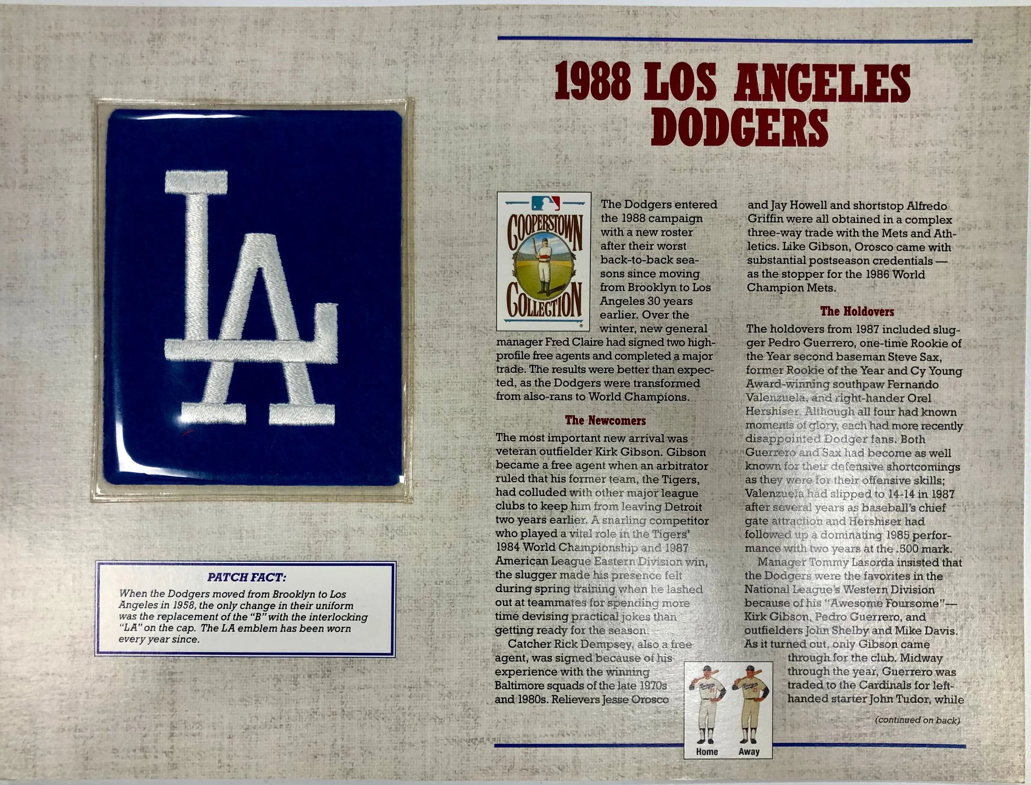 1988 Los Angeles Dodgers Willabee & Ward Collection Patch With Header Card