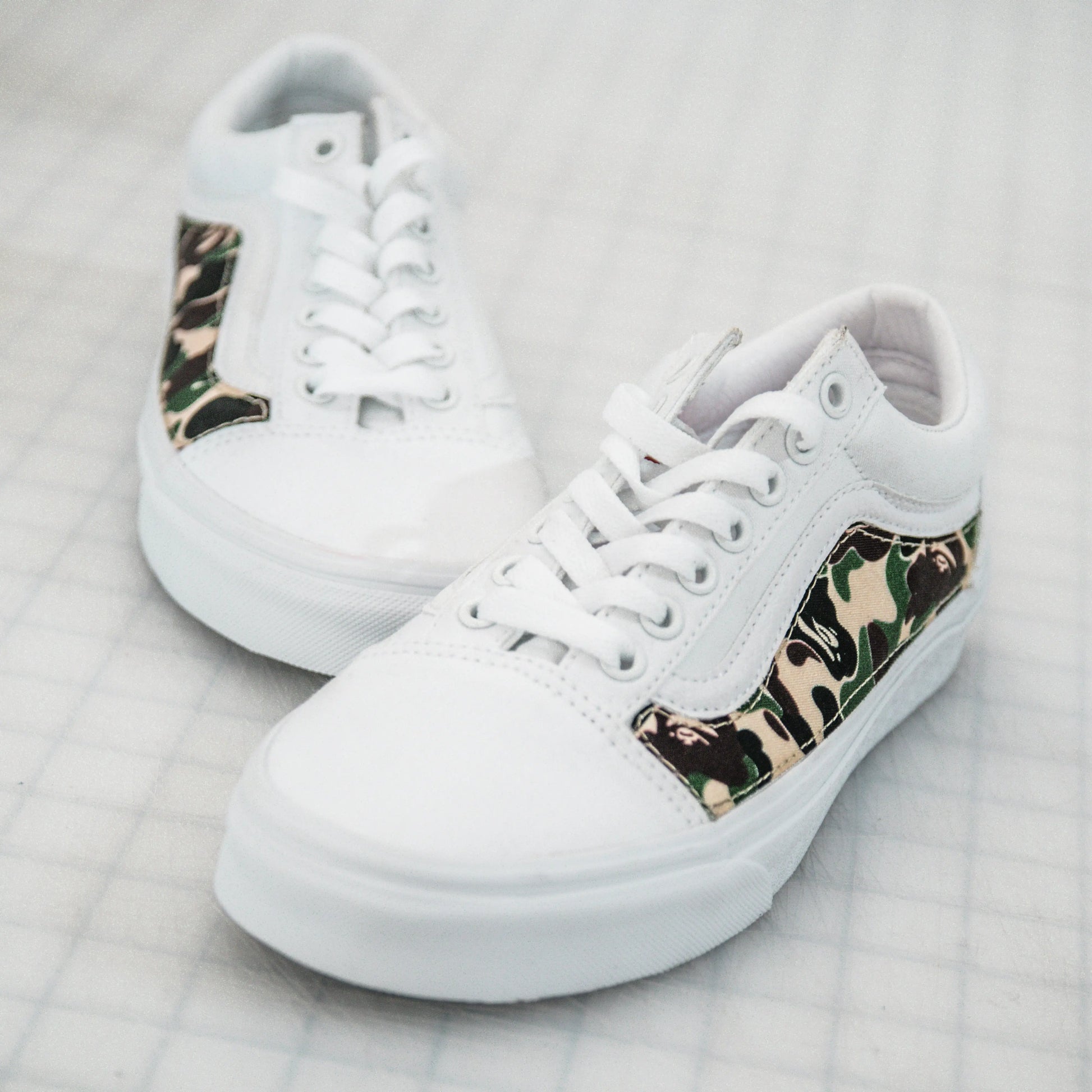 Vans White Old Skool x Bape Camo Custom Handmade Shoes By Patch Collection