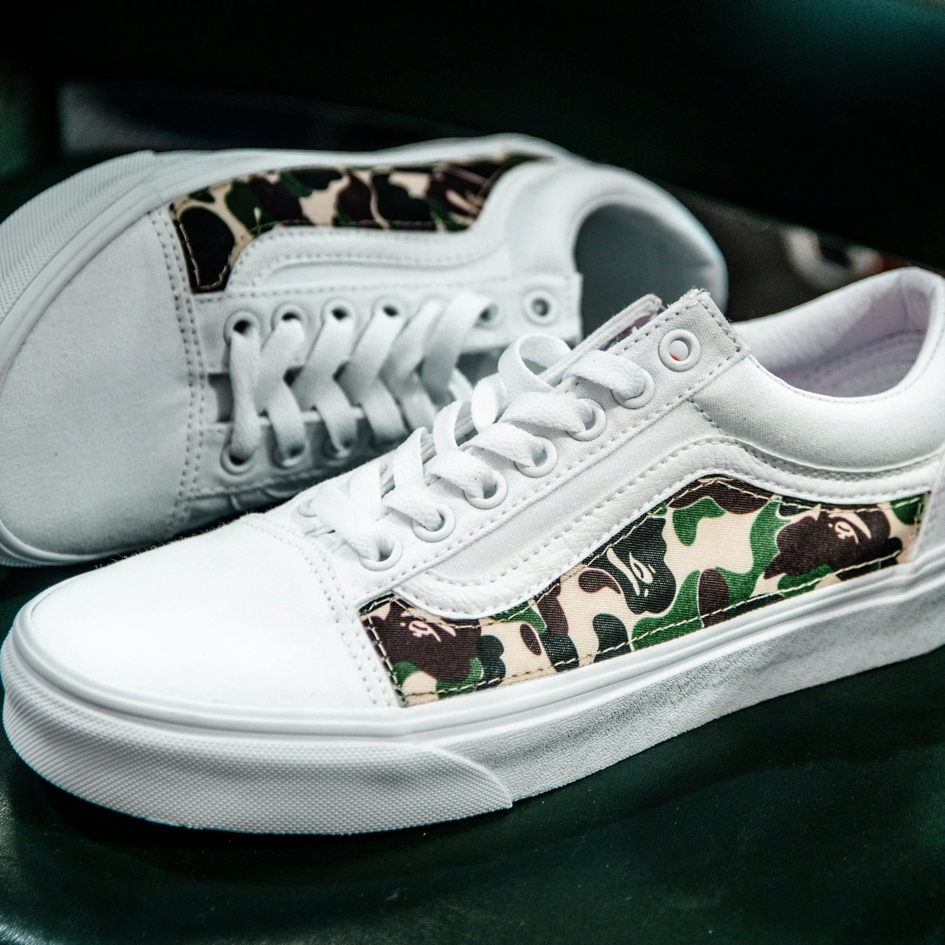 Vans White Old Skool x Bape Camo Custom Handmade Shoes By Patch Collection