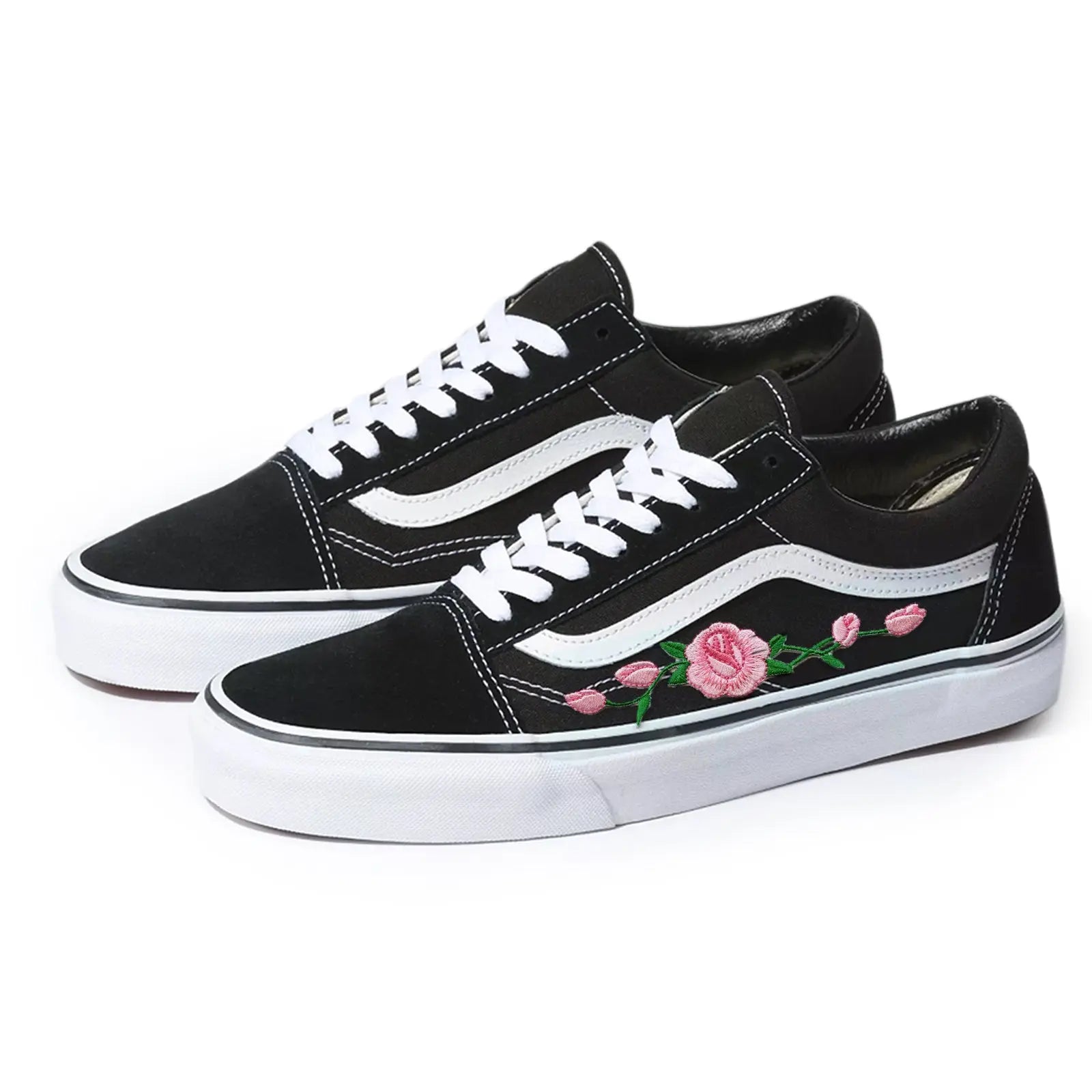 Vans Black Old Skool Pink Rose Custom Handmade Shoes By Patch Collection