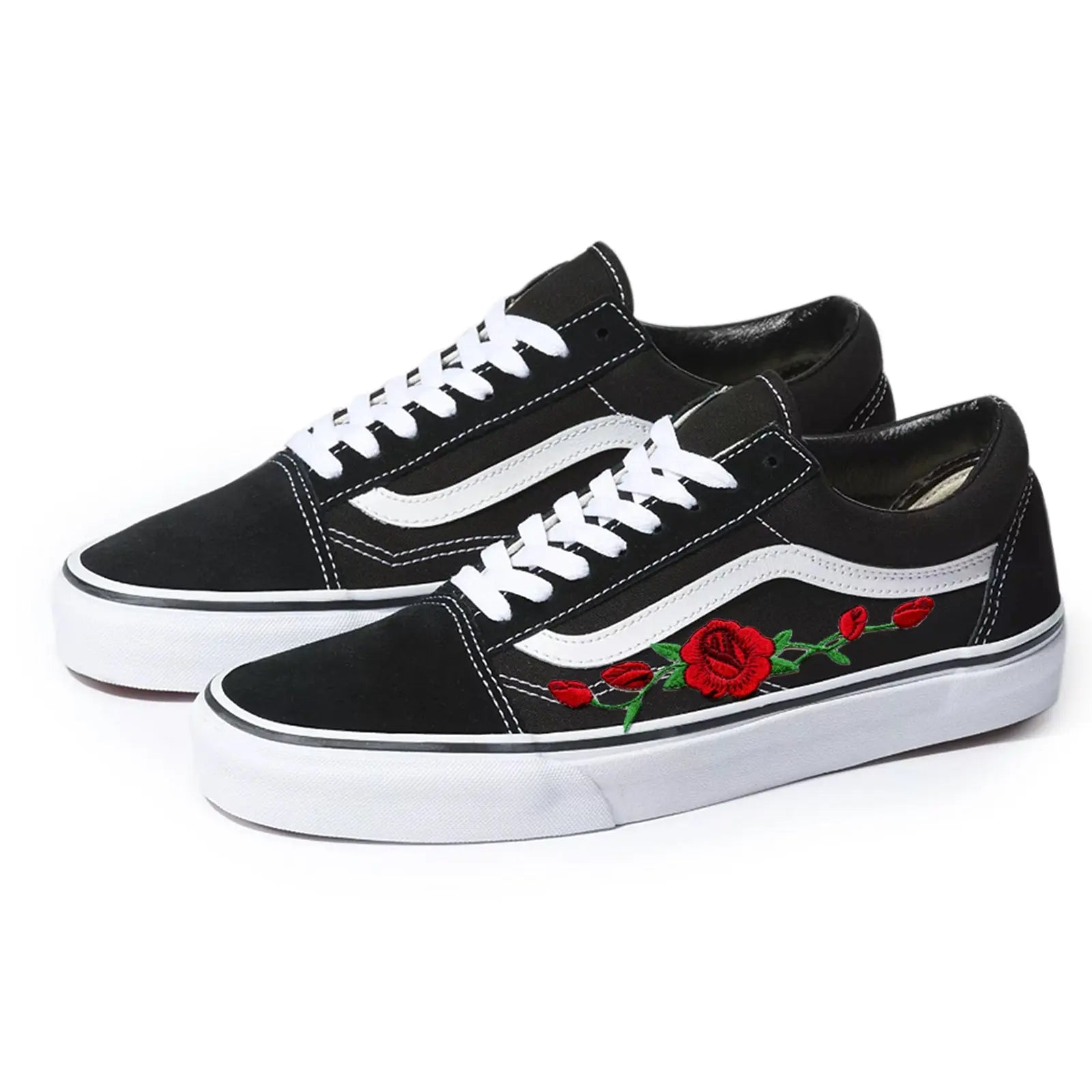 Vans Black Old Skool Red Rose Custom Handmade Shoes By Patch Collection
