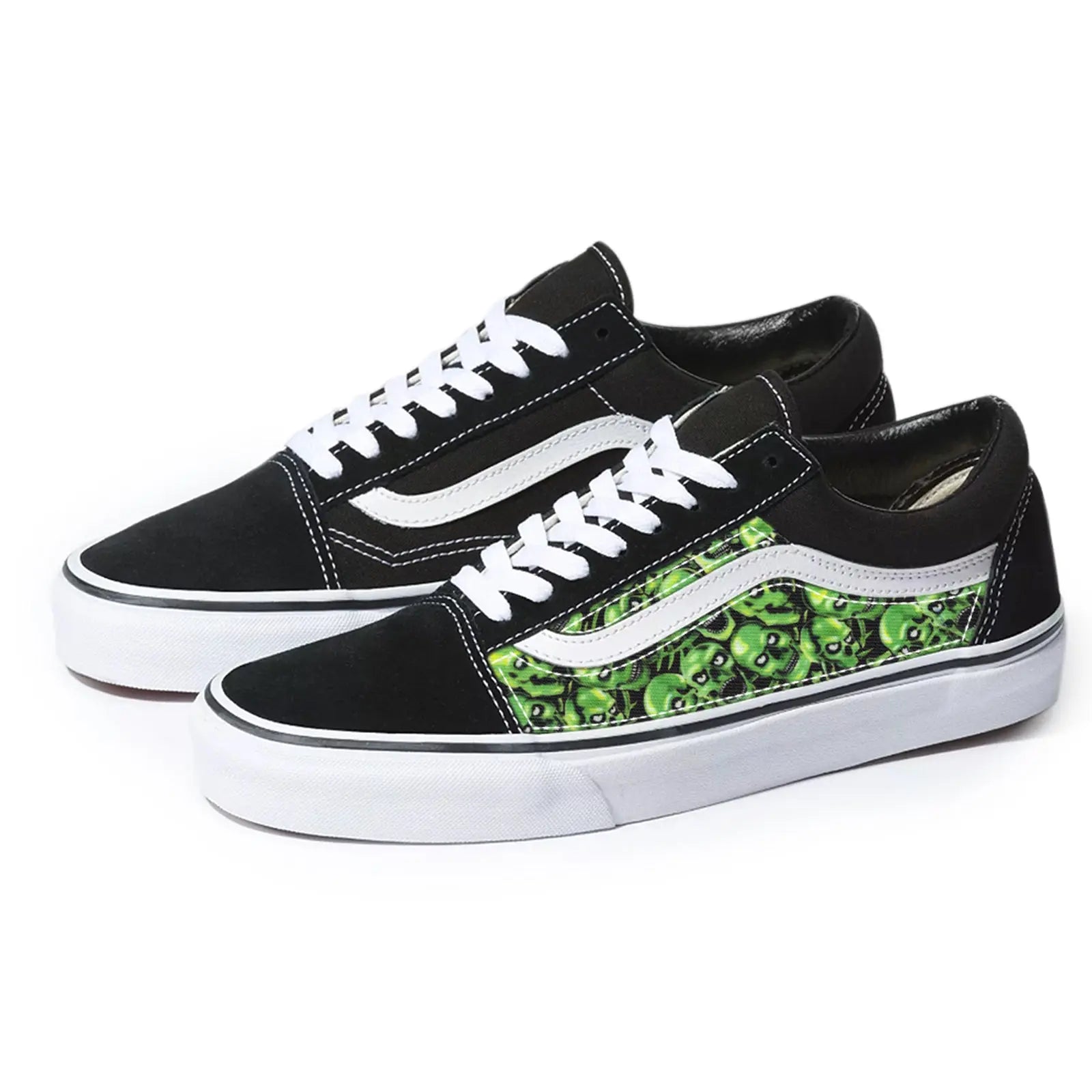 Vans Black Old Skool x Green Skulls Custom Handmade Shoes By Patch Collection