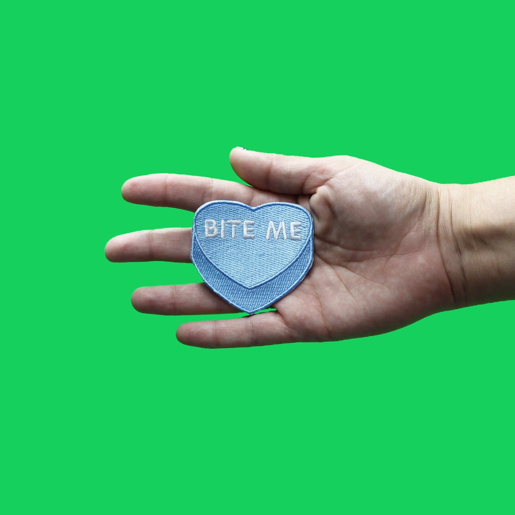 Bite Me Candy Heart Patch Valentines Day Blue Embroidered Iron On