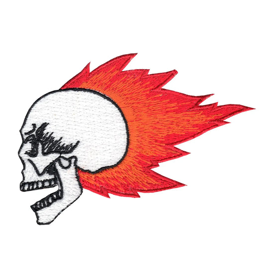 Flaming Skull Embroidered Iron On Patch