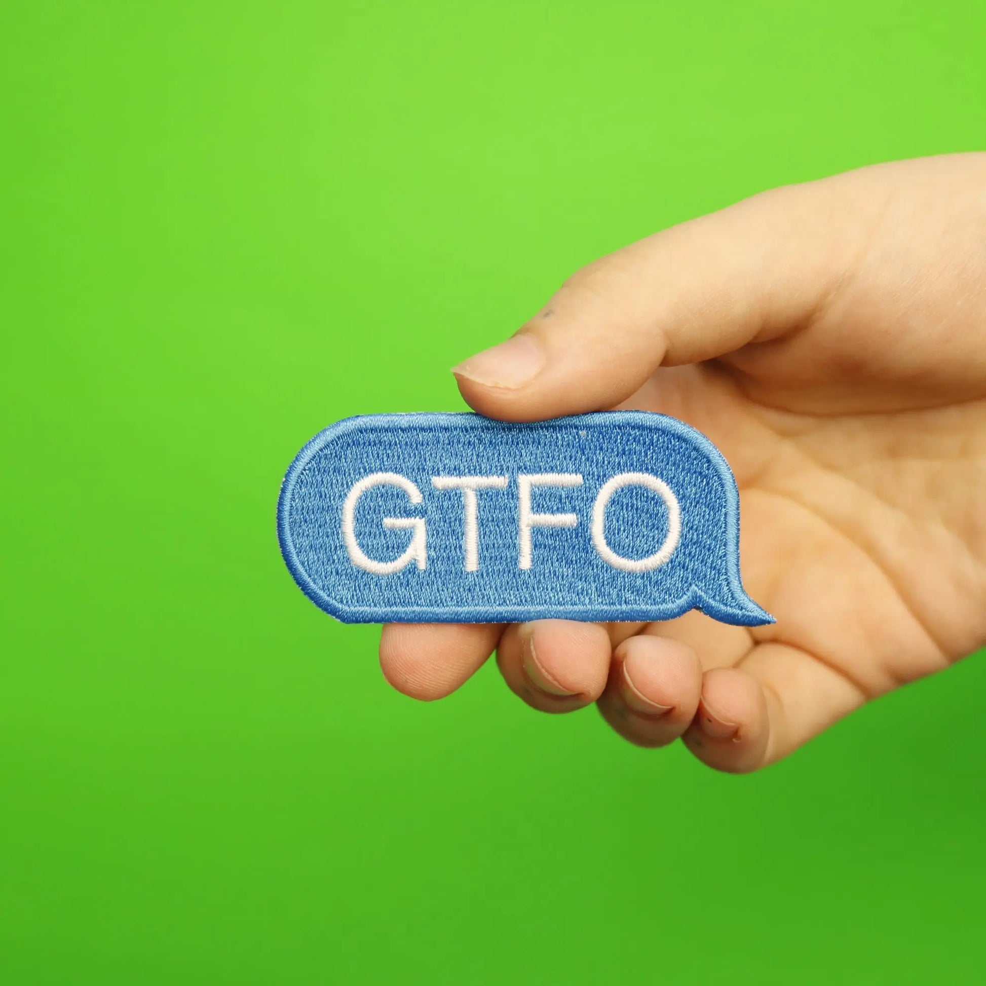 GTFO Blue Text Bubble Embroidered Iron On Patch