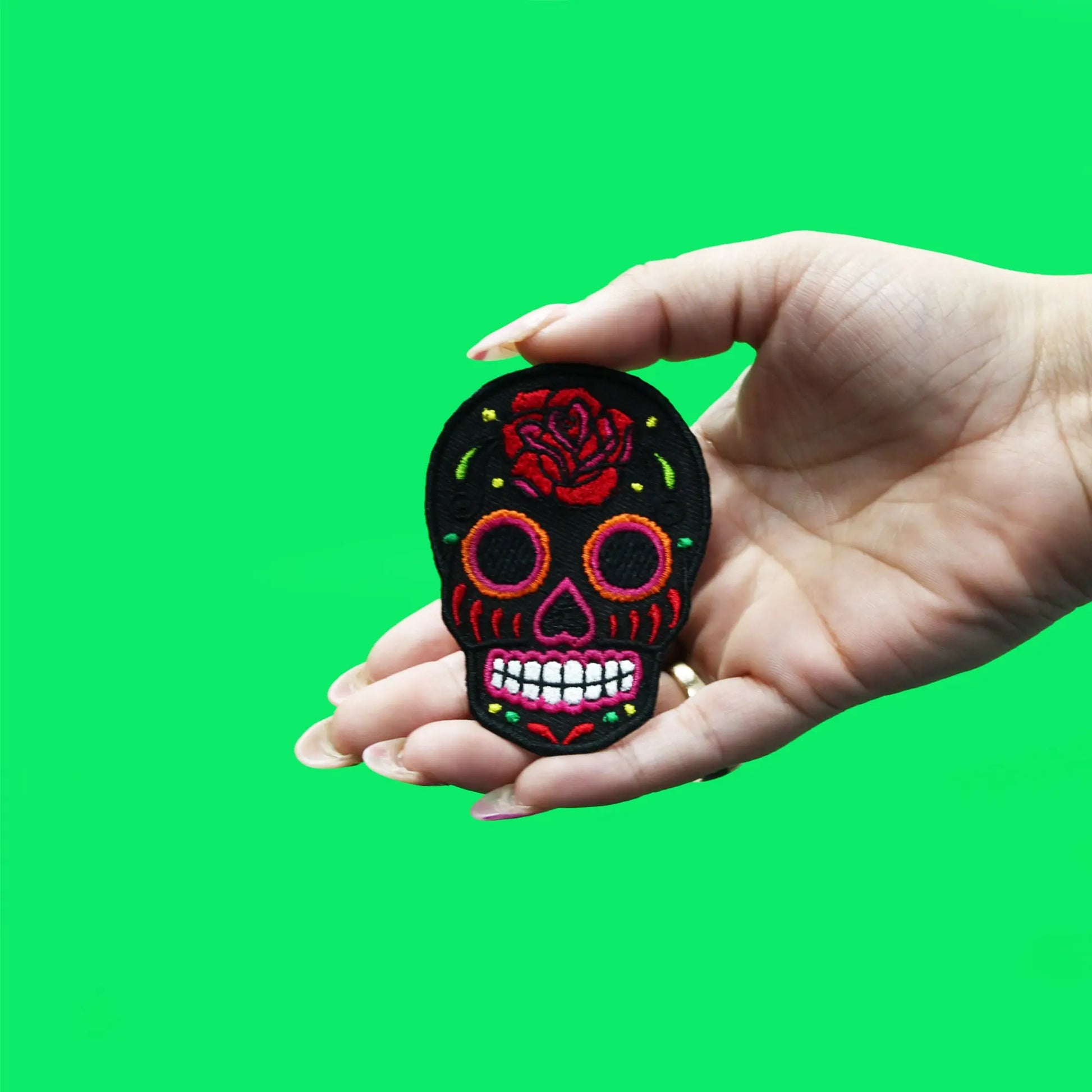 Black Sugar Skull Iron On Embroidered Patch