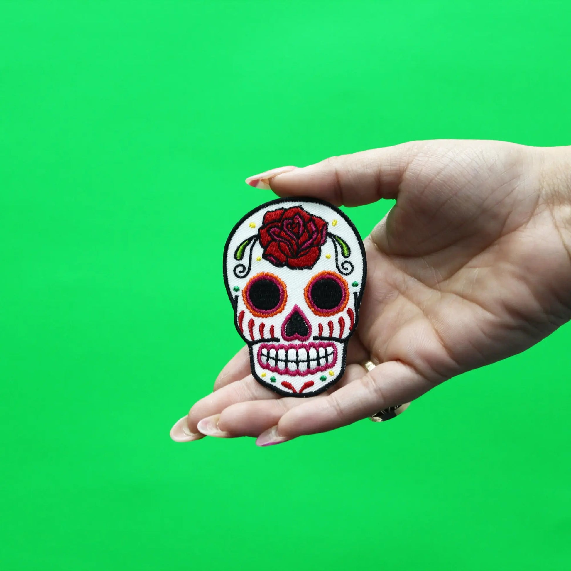 White Sugar Skull Iron On Embroidered Patch