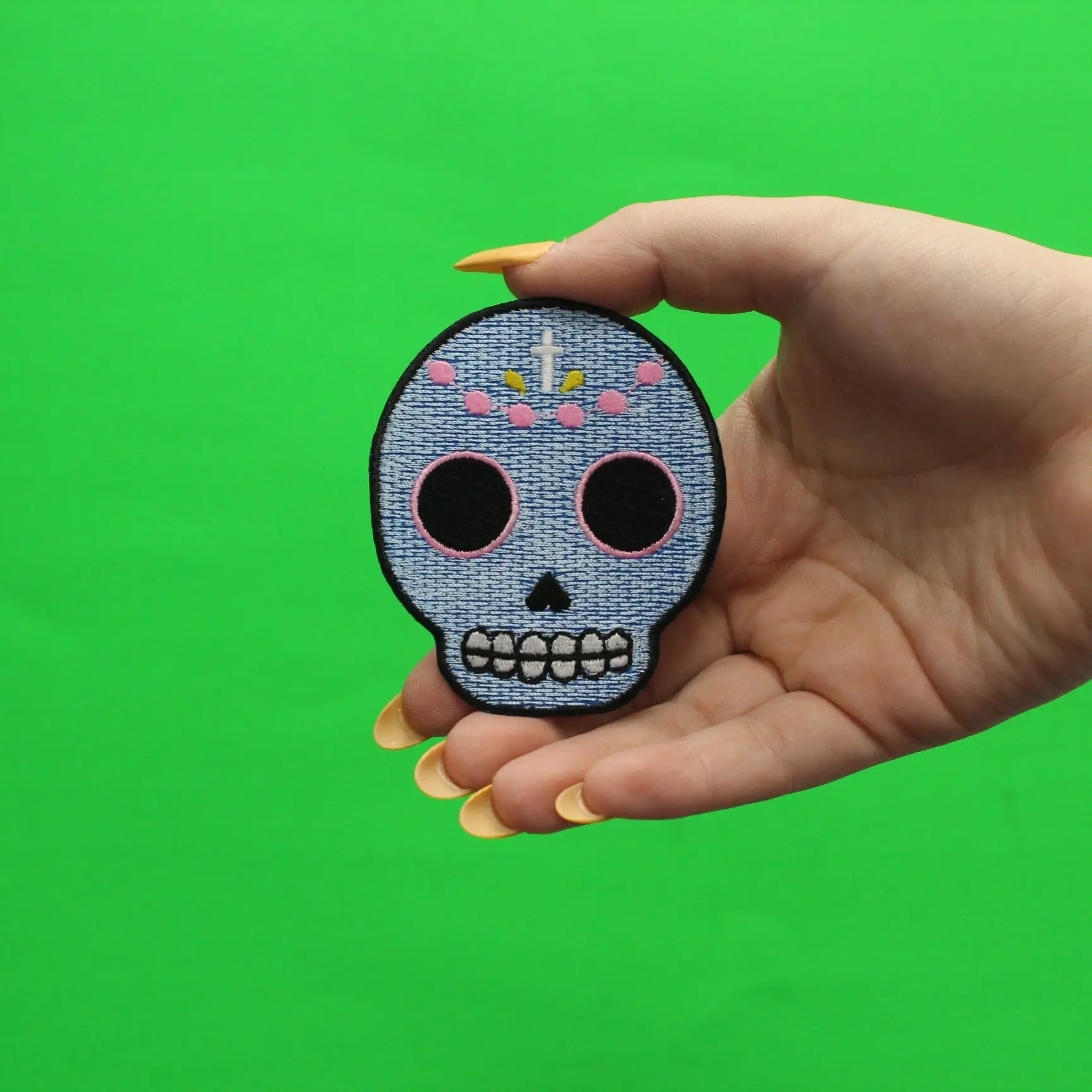 Light Blue Sugar Skull Iron On Embroidered Patch