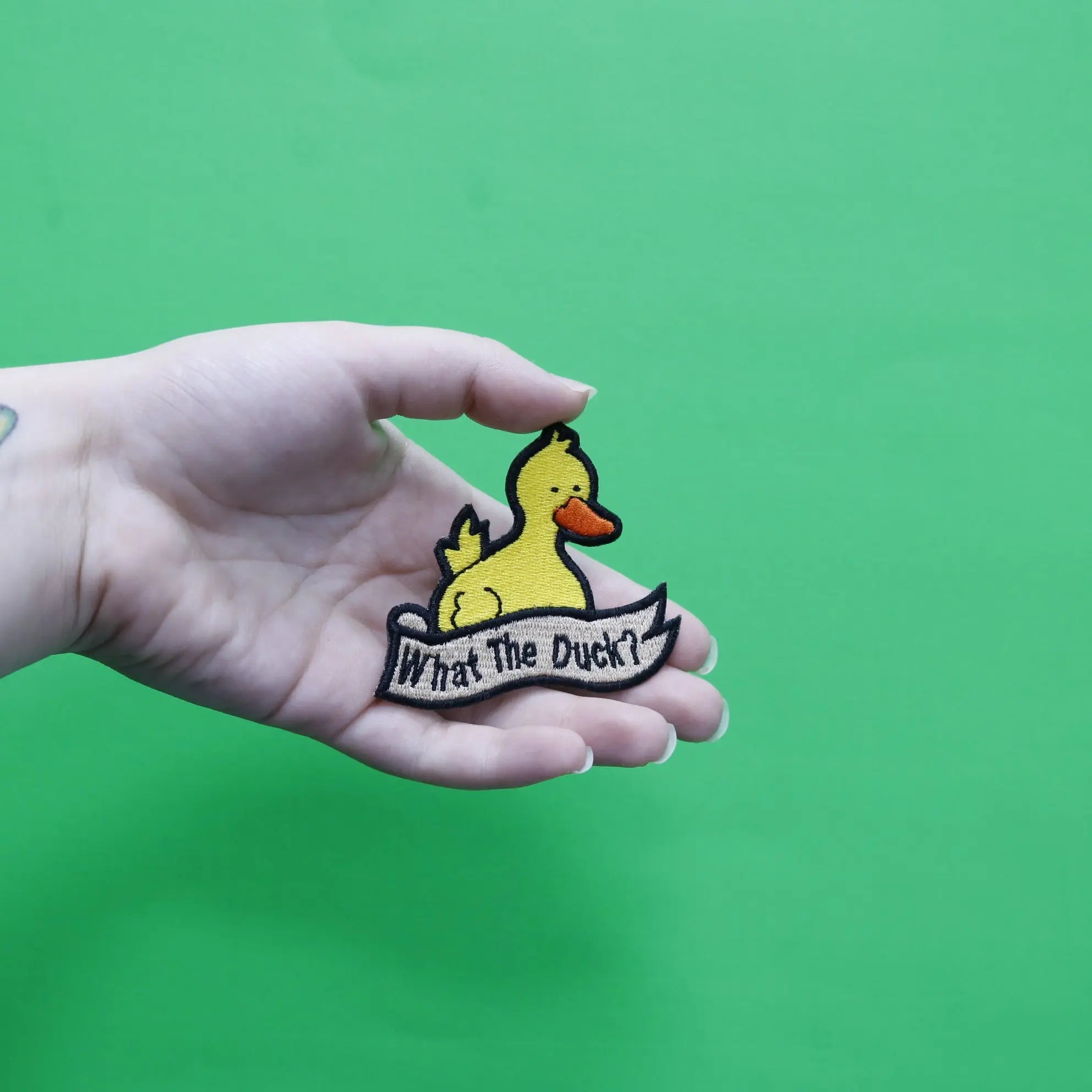 Yellow Duck "What The Duck?" Embroidered Iron On Patch