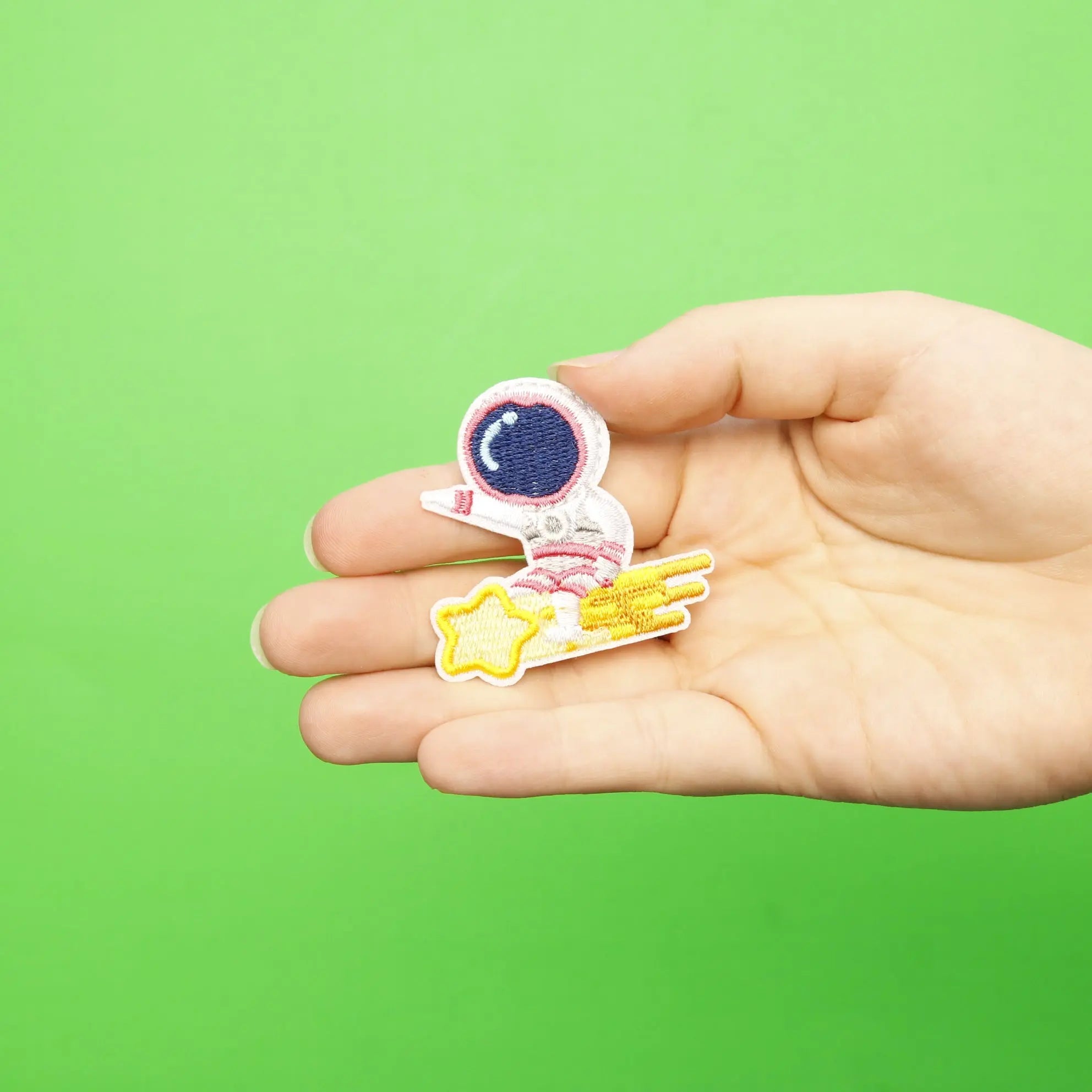 Small Pink Astronaut On A Shooting Star Embroidered Iron On Patch