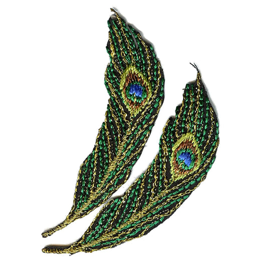 Peacock Feather Medium Metallic Green Combo Embroidered Iron On Patches