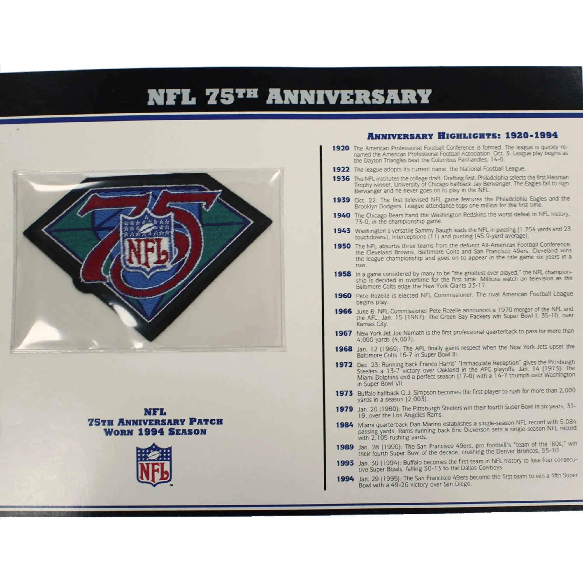 NFL 75th Anniversary Willabee & Ward Patch With Stat Card