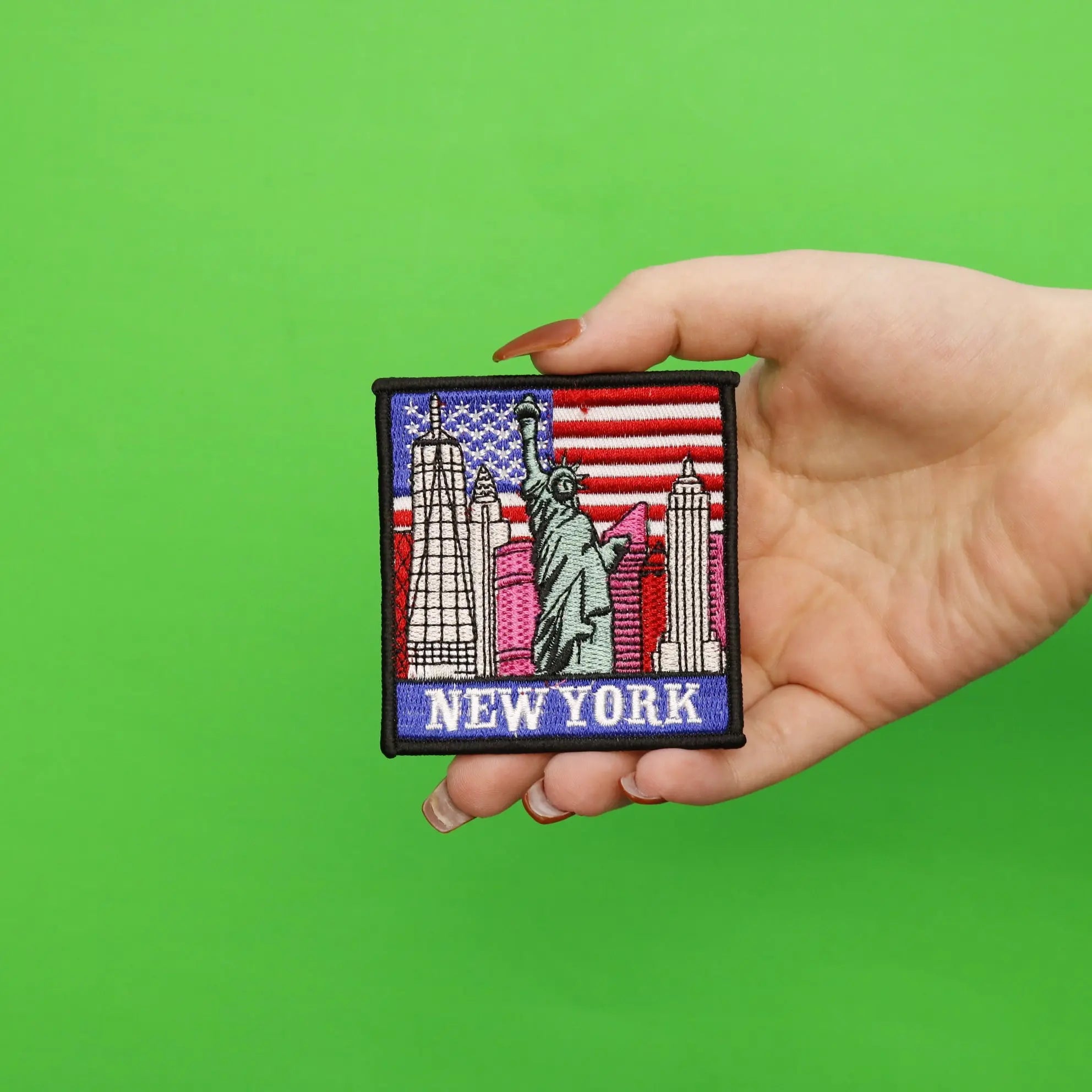 New York Skyline With Flag Square Embroidered Patch