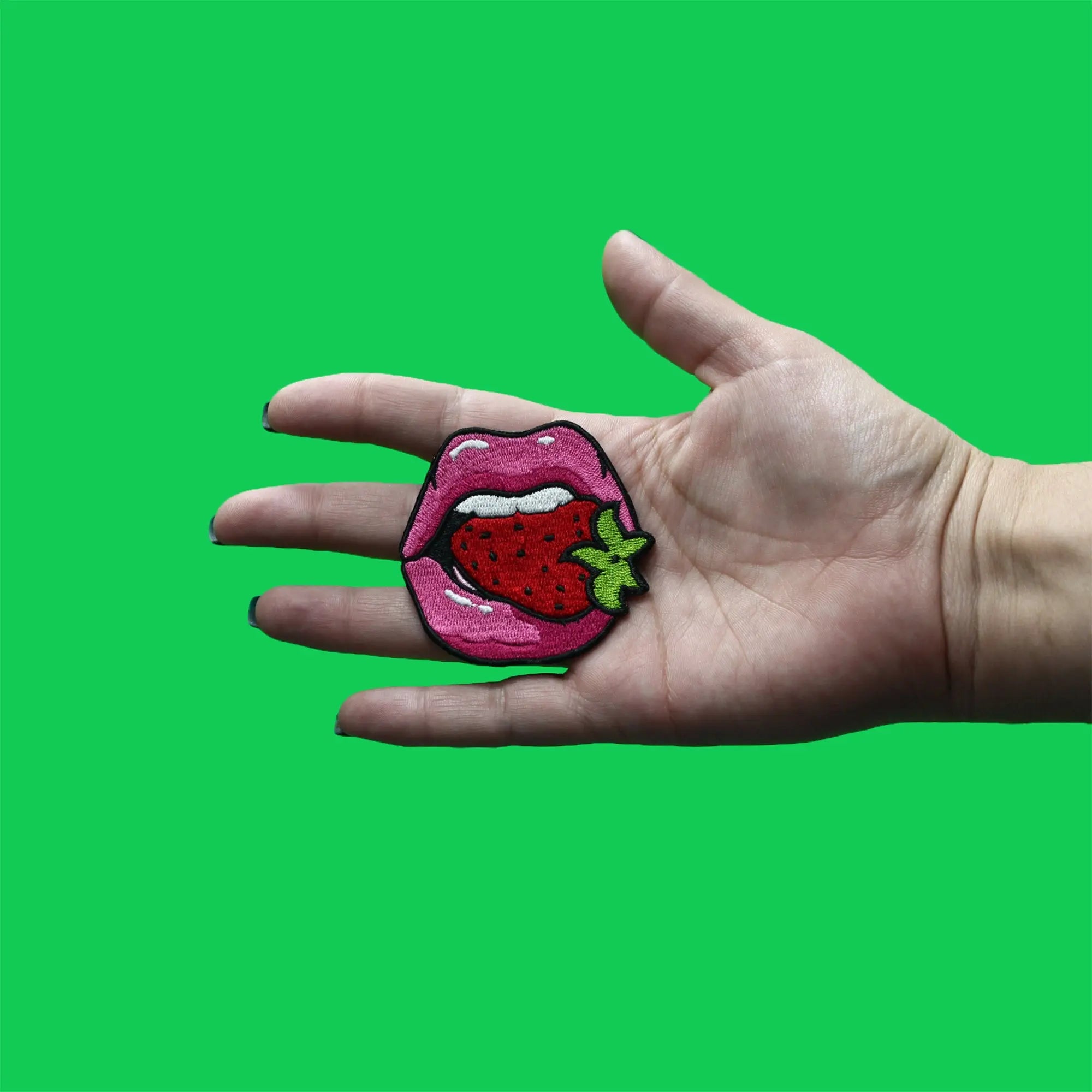 Pink Lips Biting Strawberry Patch Healthy Fruit Embroidered Iron On