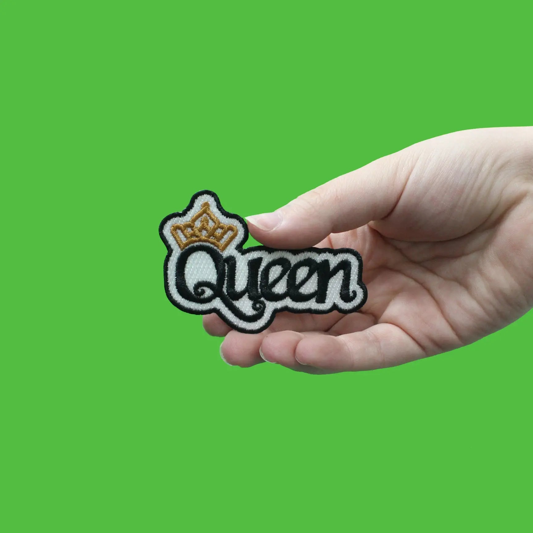 Queen Script with Gold Royal Crown Embroidered Iron on Patch