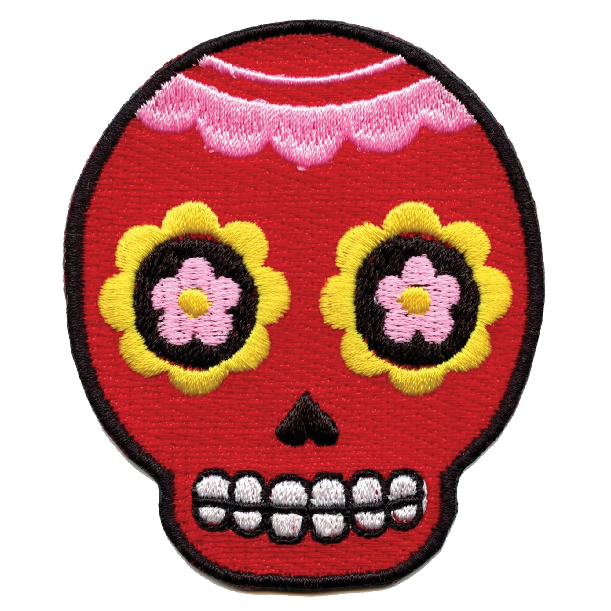 Red Floral Sugar Skull Iron On Embroidered Patch