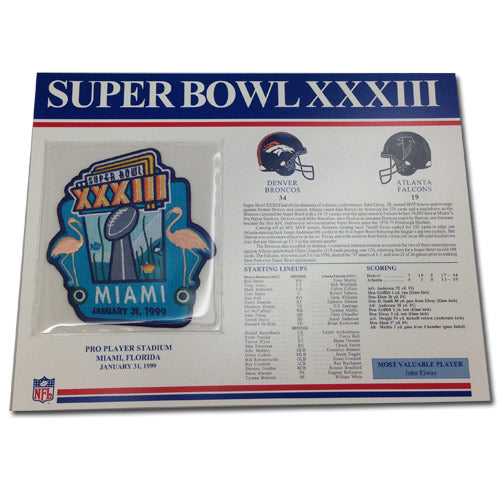 1999 NFL Super Bowl XXXIII Logo Willabee & Ward Patch With Header Board (Atlanta Falcons vs. Denver Broncos)