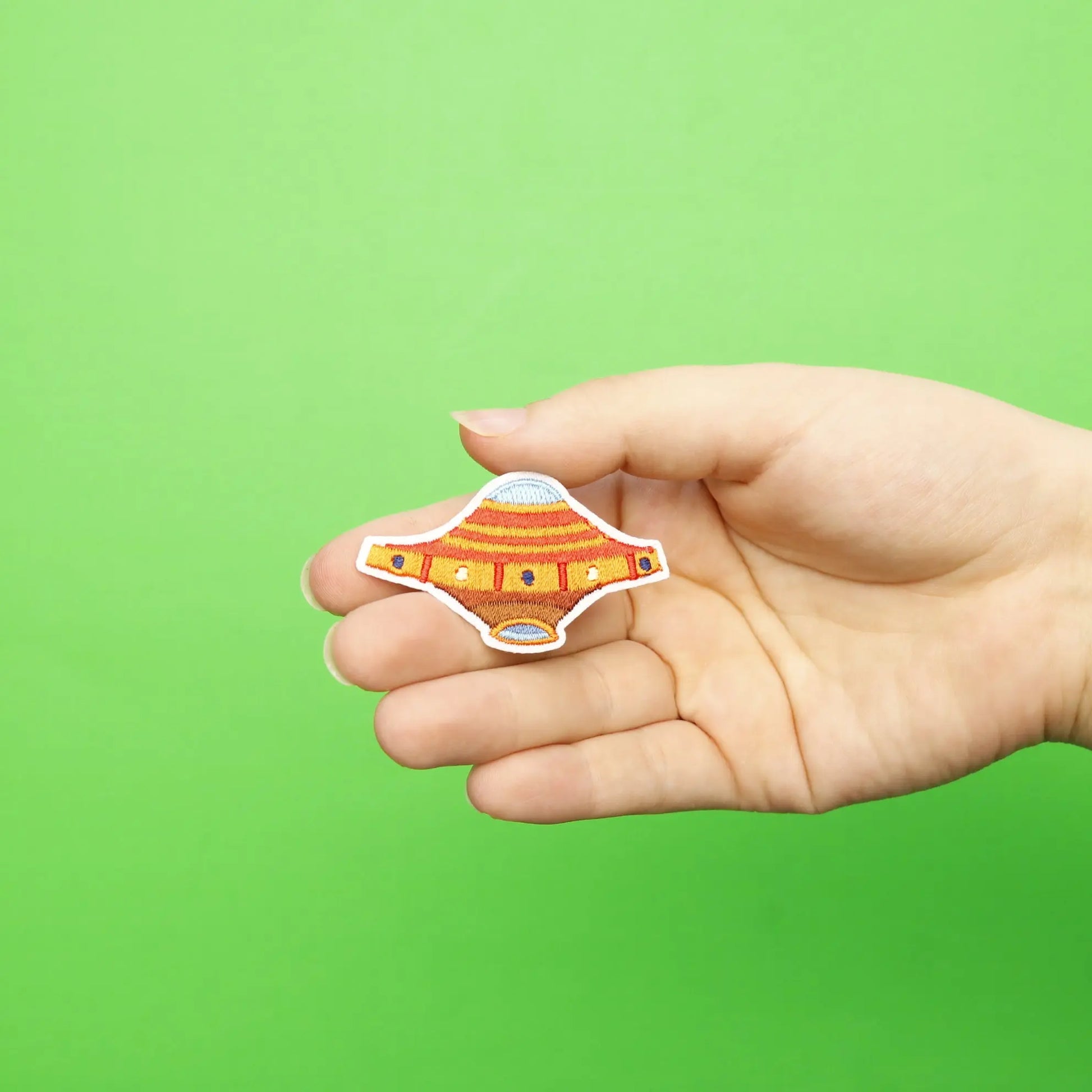 Small Orange UFO Alien Spaceship Embroidered Iron On Patch