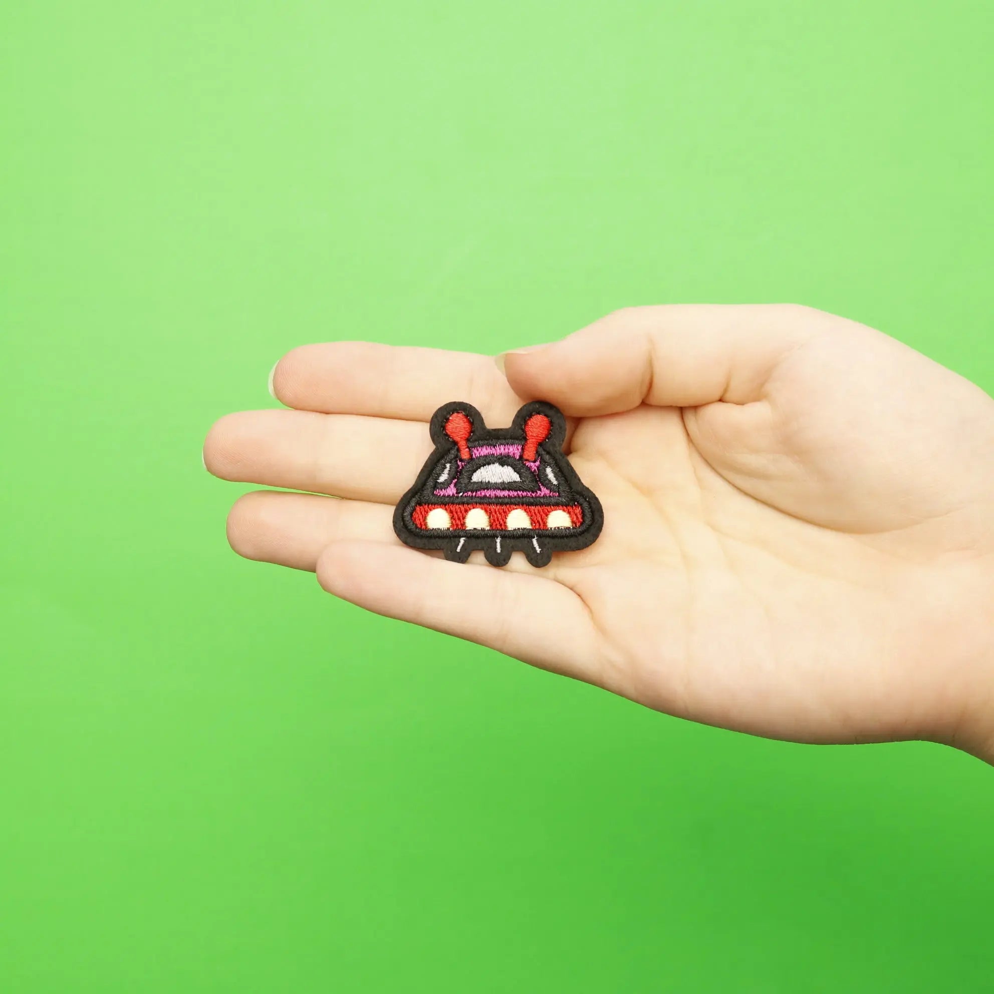 Small Red UFO Alien Spaceship Embroidered Iron On Patch