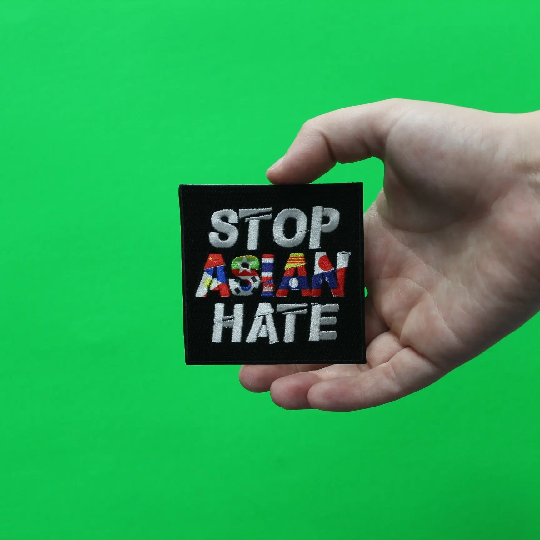 Stop Asian Hate Box Logo With Flags Embroidered Iron On Patch