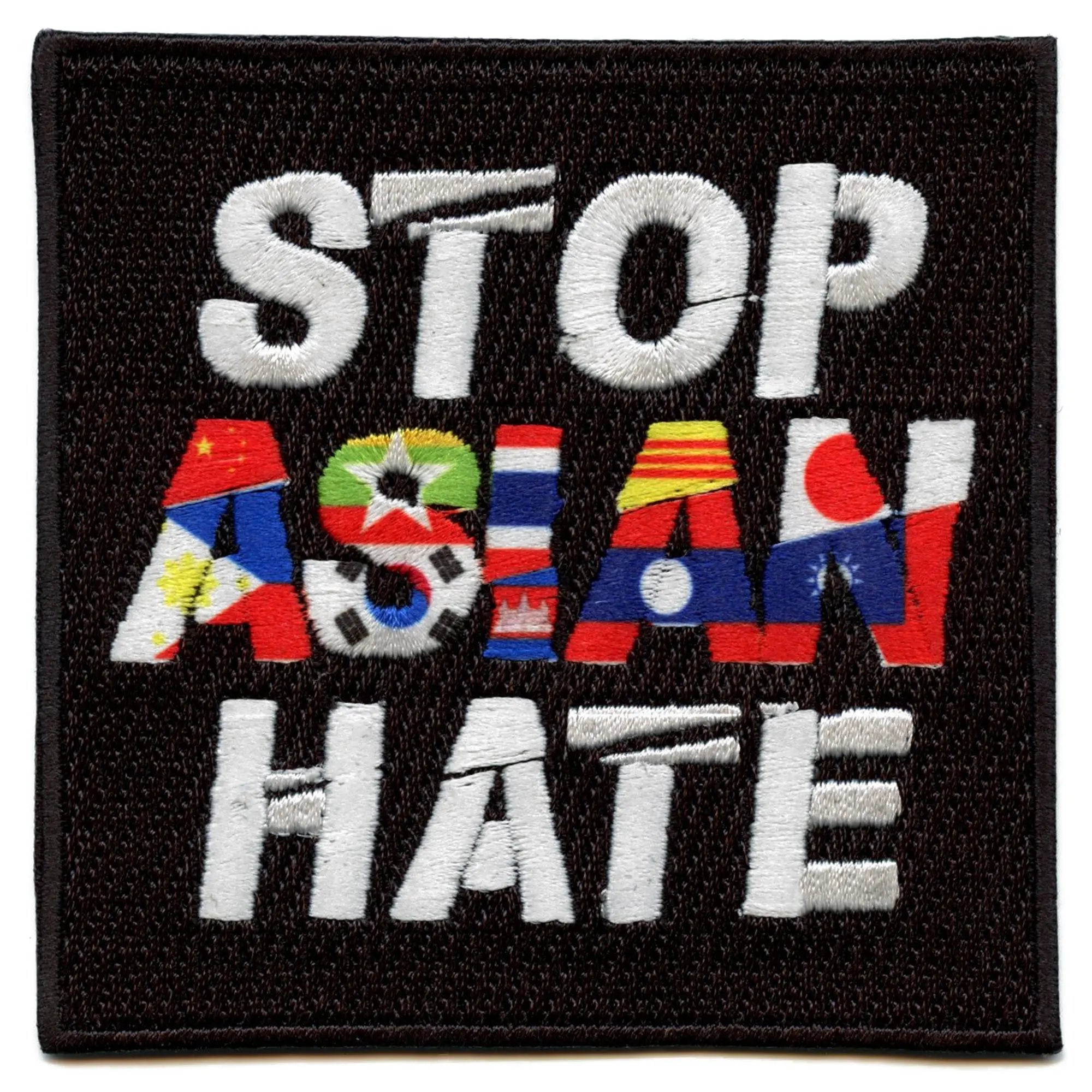Stop Asian Hate Box Logo With Flags Embroidered Iron On Patch