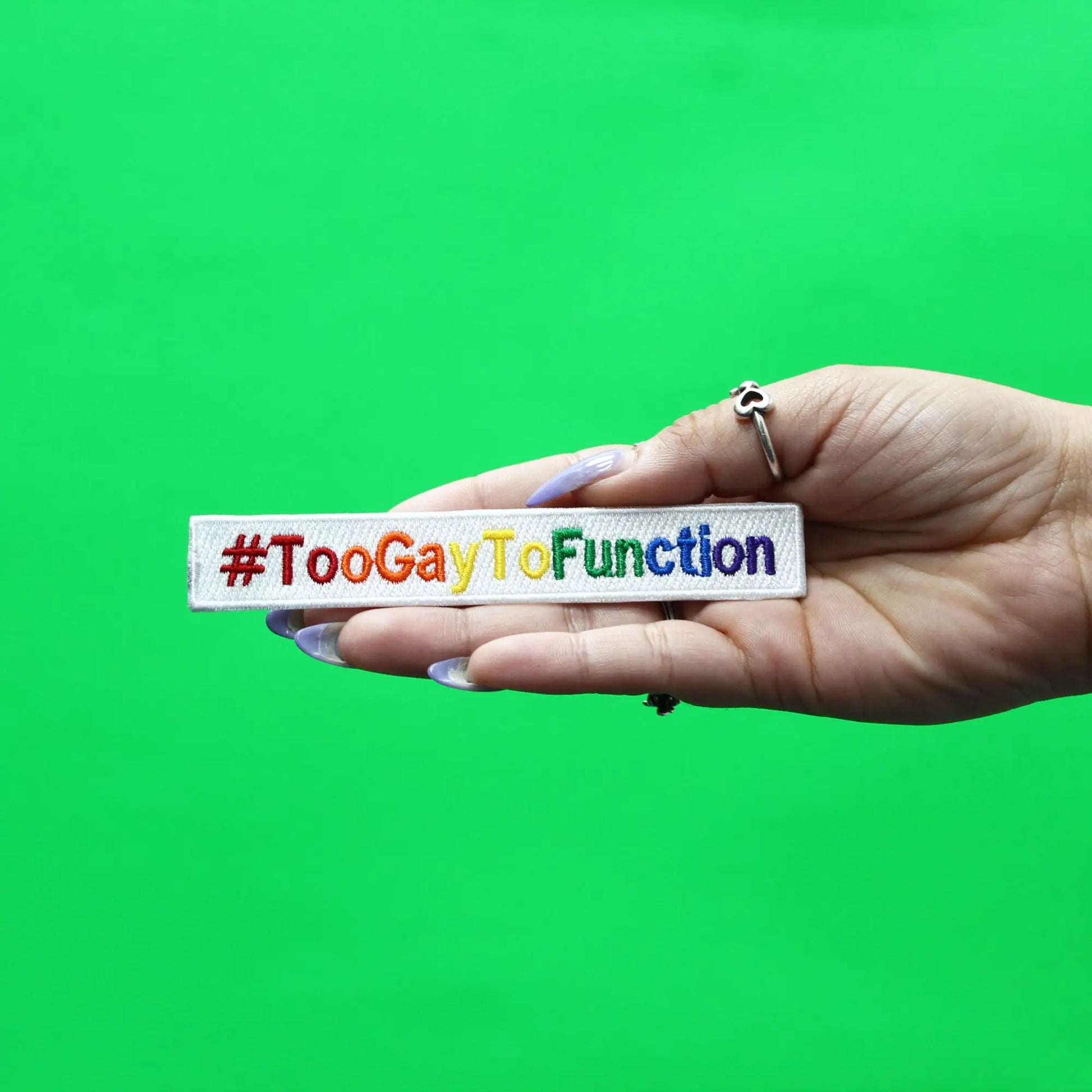Too Gay To Function Hashtag Patch LGBTQ+ Friend Embroidered Iron On