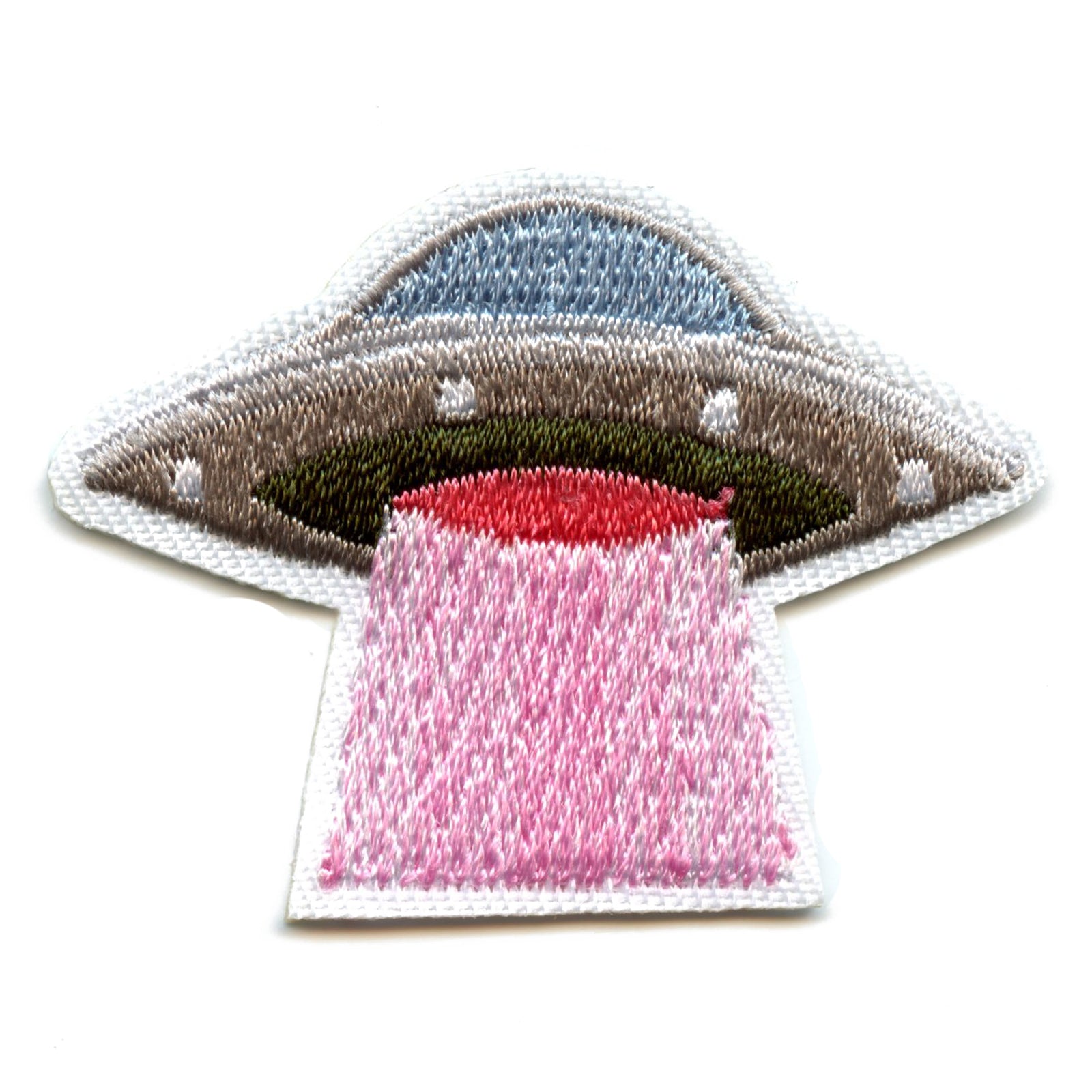 Small Grey UFO With Pink Abduction Ray Embroidered Iron On Patch