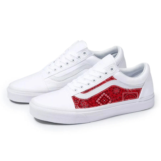 Vans White Old Skool x Red Bandana Pattern Custom Handmade Shoes By Patch Collection