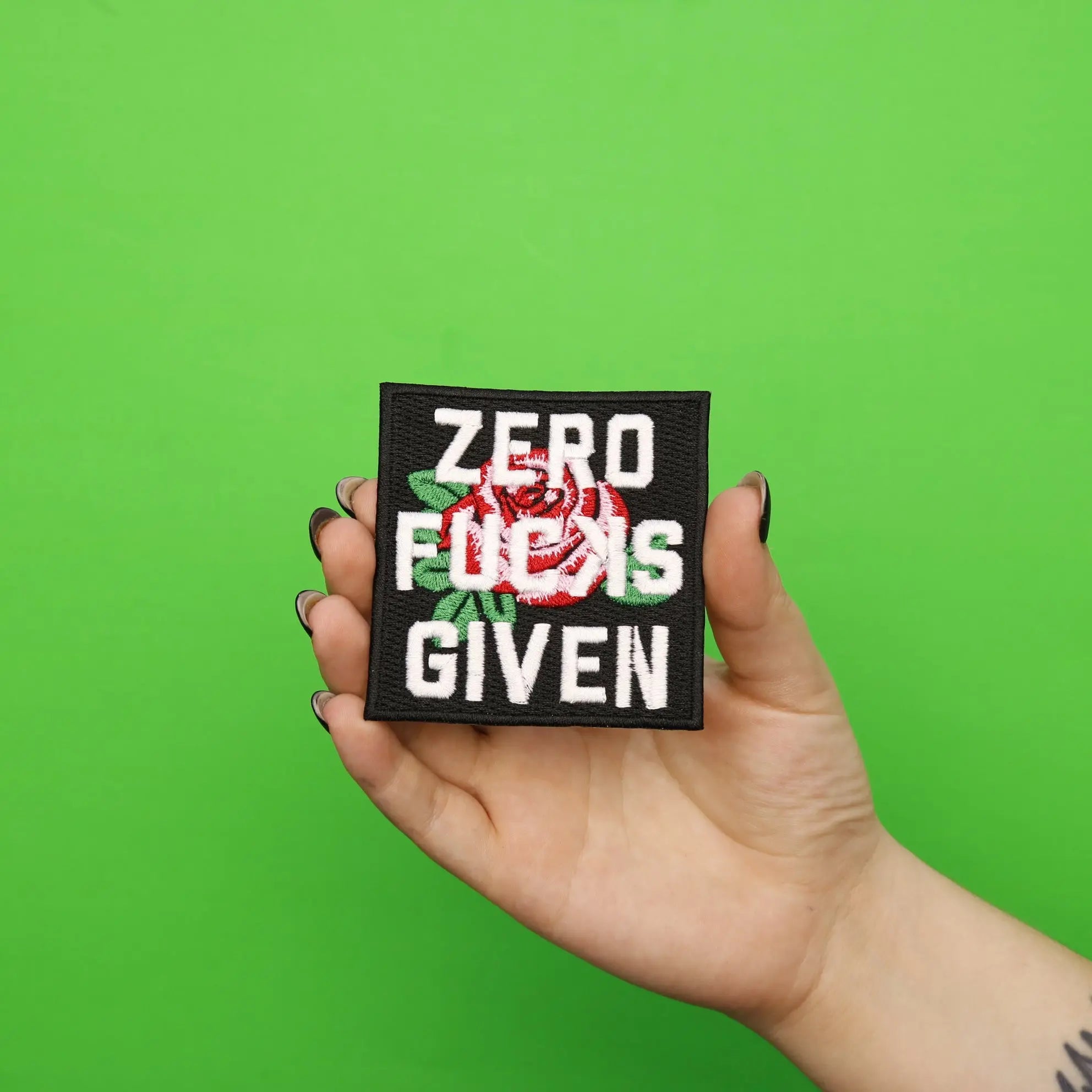 Zero F**ks Given With Rose Iron On Embroidered Patch