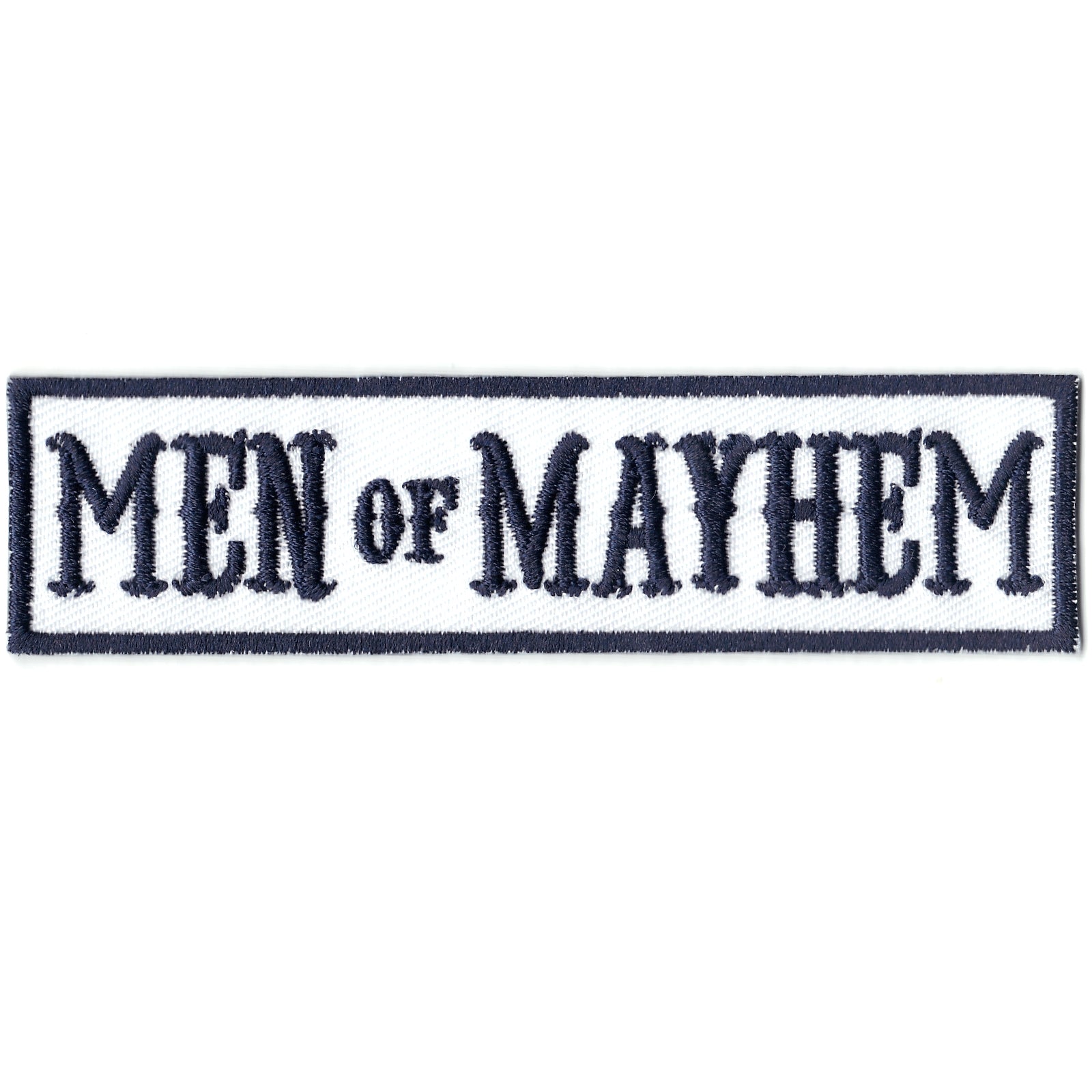 Men Of Mayhem Blue On White Bikers Club Iron On Patch