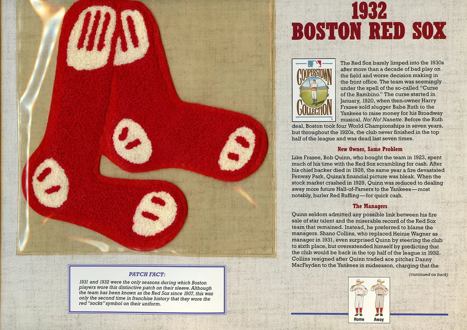 1932 Boston Red Sox Willabee & Ward Chenille Patch With Stat Card