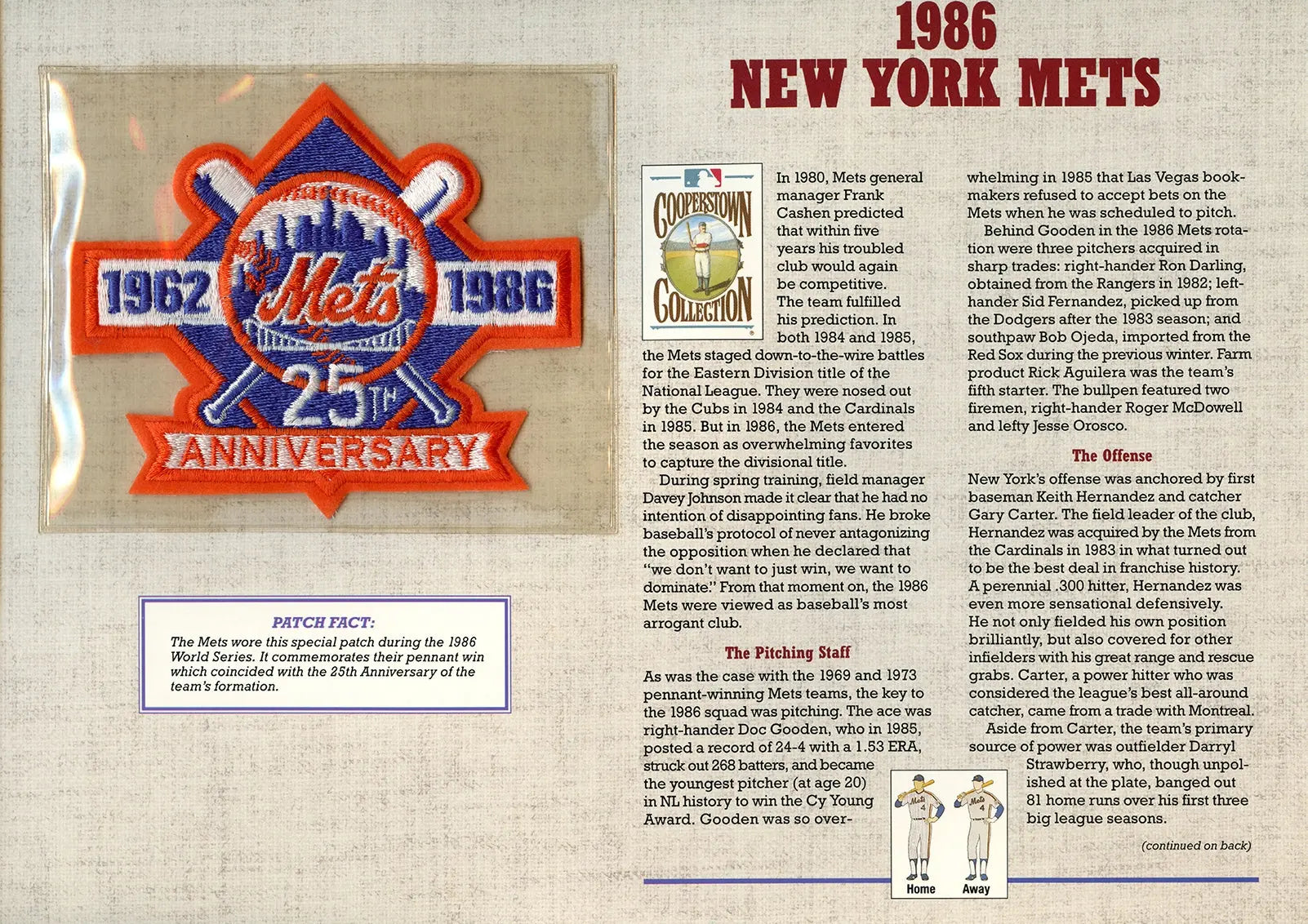 1986 New York Mets Willabee & Ward Patch With Stat Card