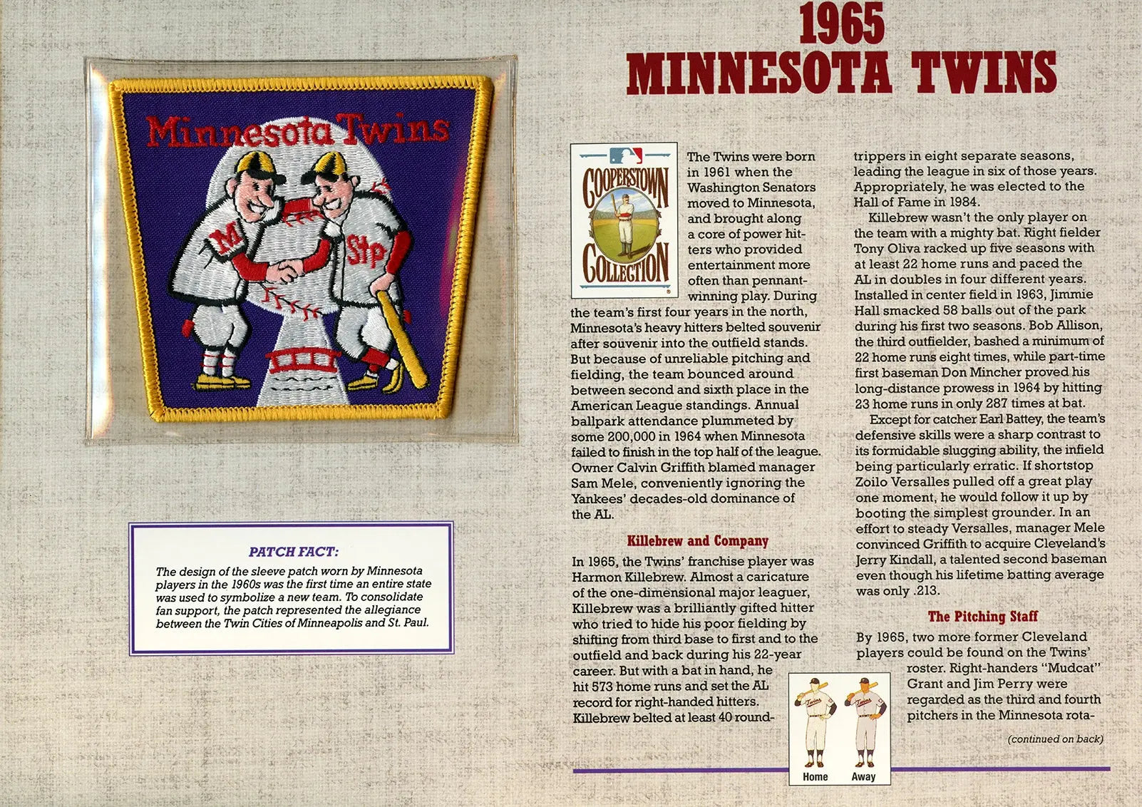 1965 Minnesota Twins Willabee & Ward Patch With Stat Card
