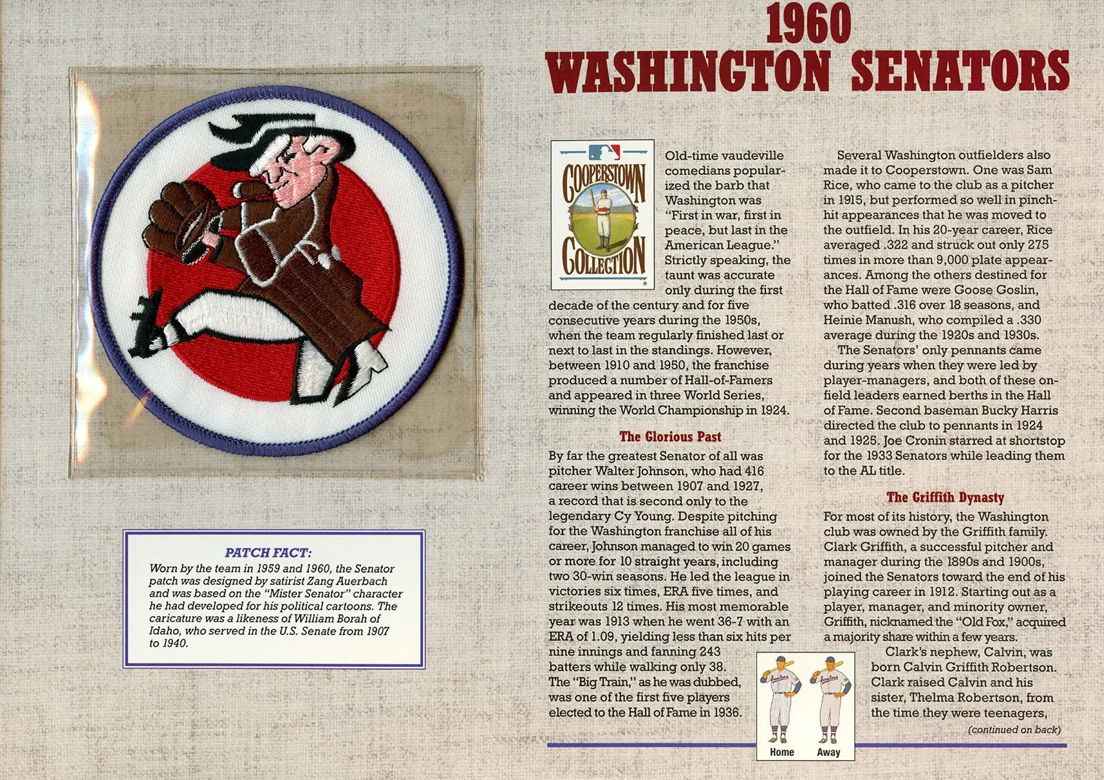 1960 Washington Senators Willabee & Ward Patch With Stat Card