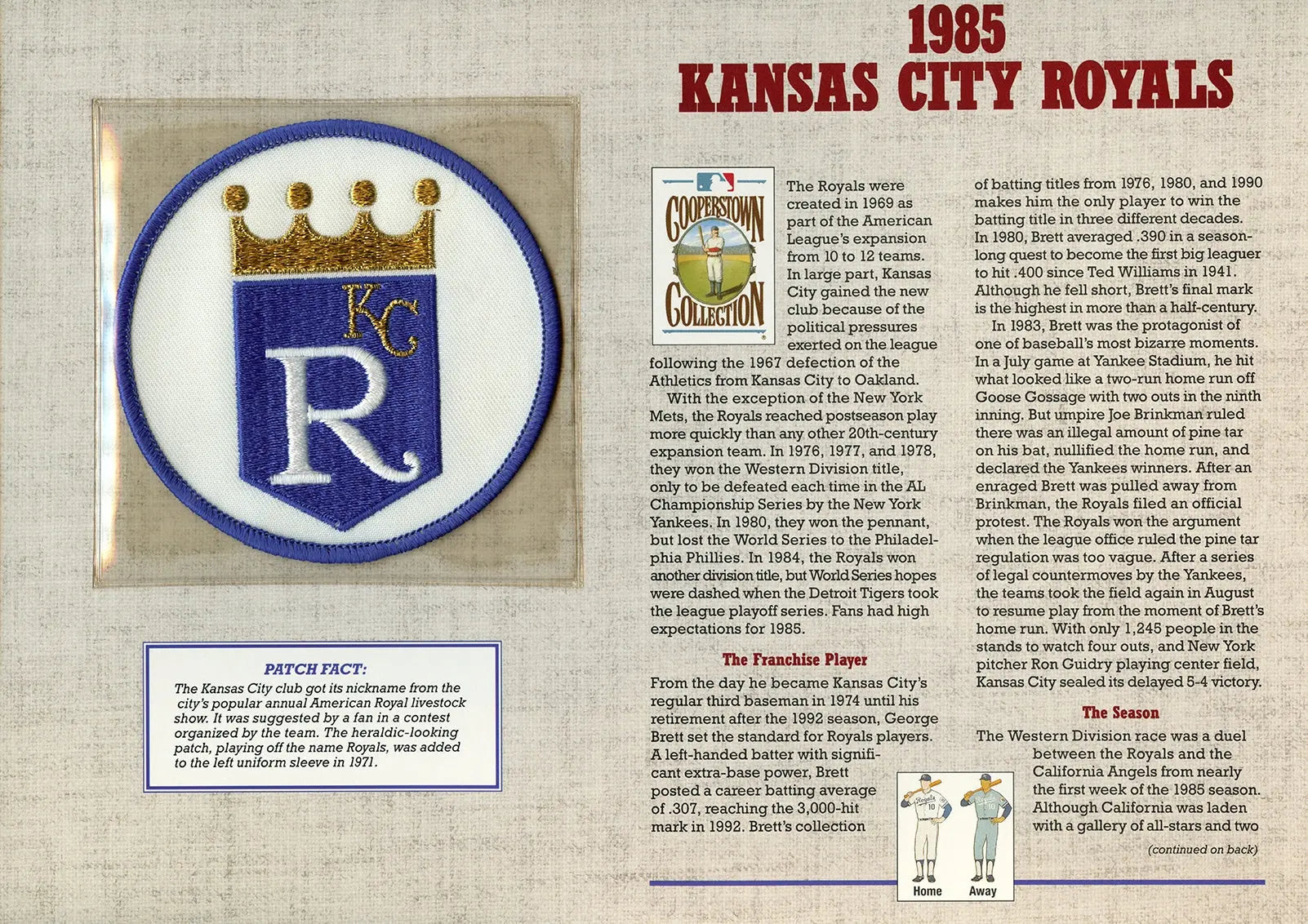 1985 Kansas City Royals Willabee & Ward Patch With Stat Card
