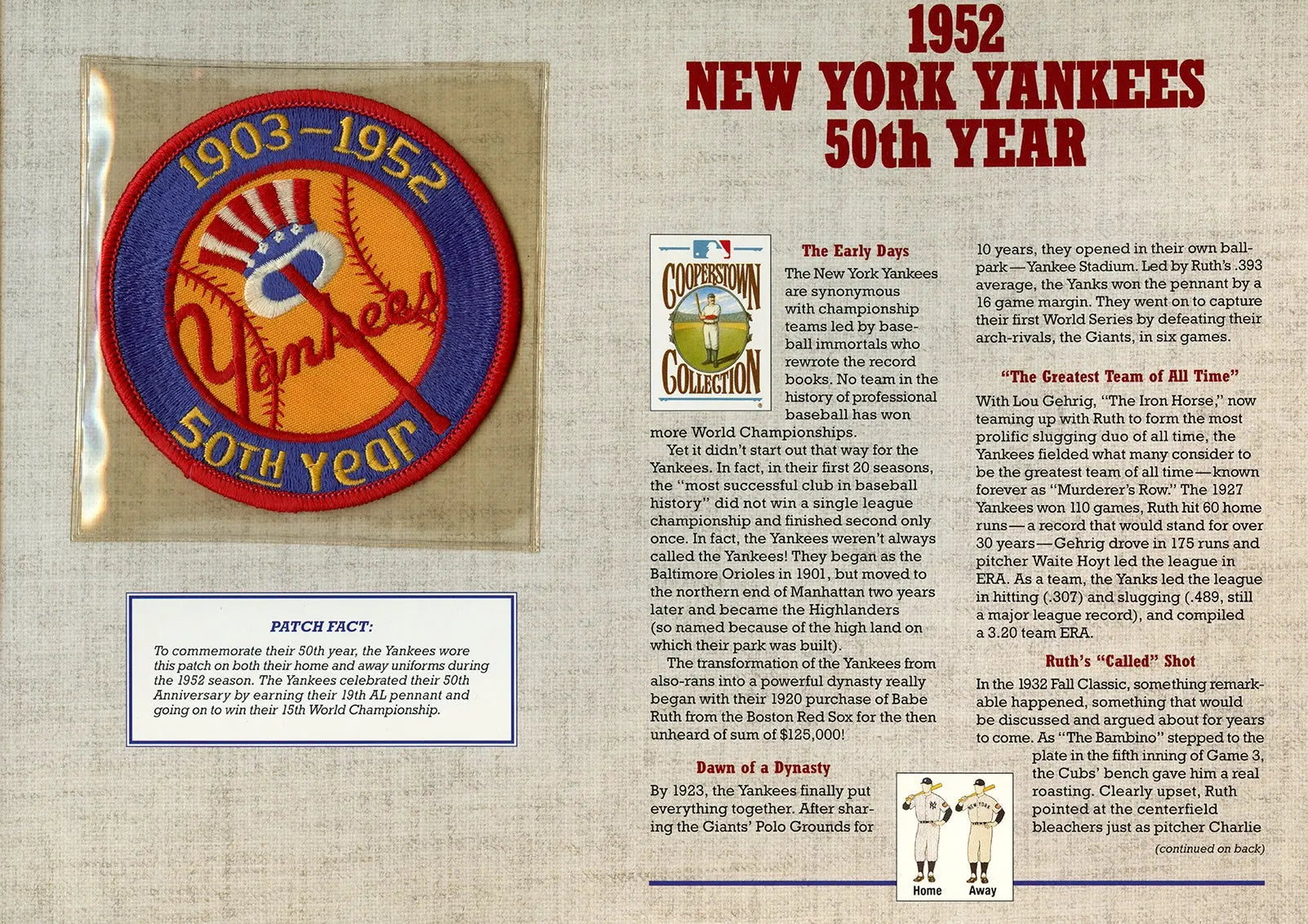 1952 New York Yankees 50th Year Willabee & Ward Patch With Stat Card