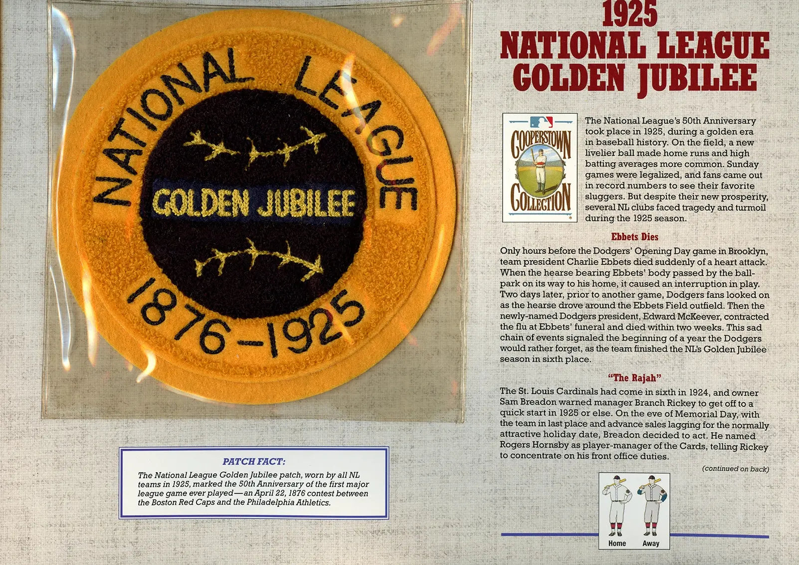 1925 National League Golden Jubilee Chenille Willabee & Ward Patch With Stat Card