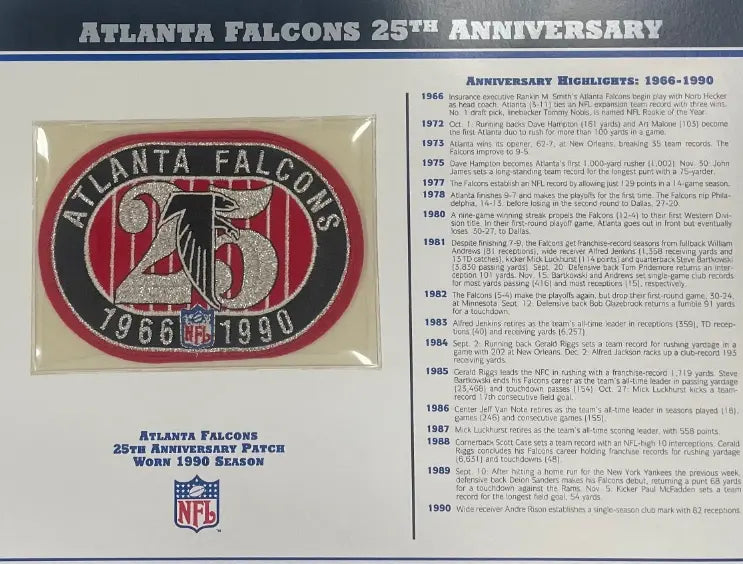 Patch Willabee &amp; Ward du 25e anniversaire des Falcons d'Atlanta 1990 avec carte de statistiques
