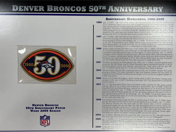 Écusson Willabee &amp; Ward du 50e anniversaire des Denver Broncos 2009 avec carte de statistiques