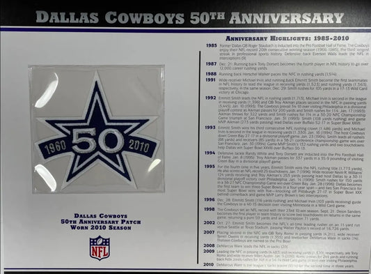 Écusson Willabee &amp; Ward du 50e anniversaire des Dallas Cowboys 2010 avec carte de statistiques